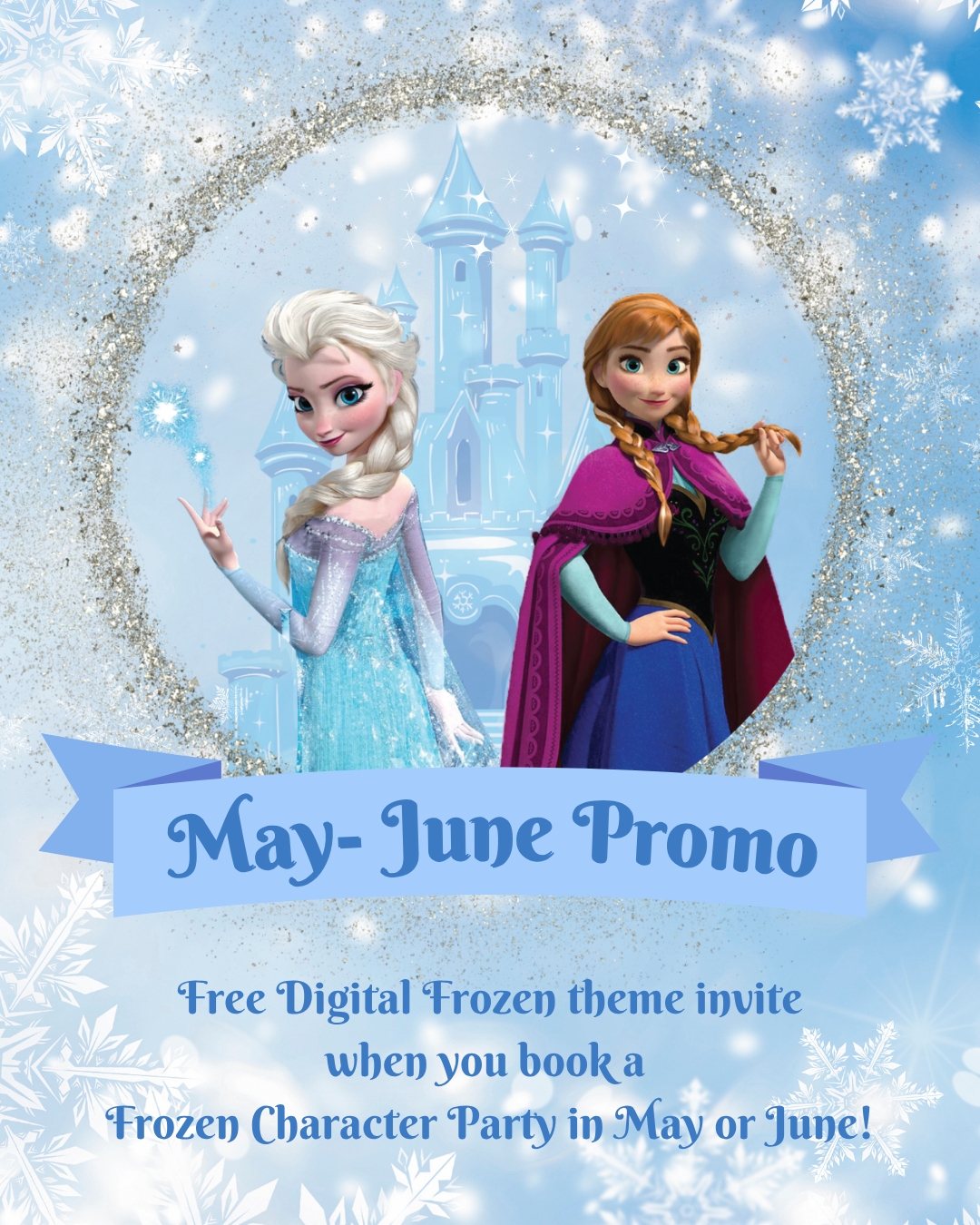 ✨ TO CELEBRATE WINTER ✨
Book a Frozen-themed character party in May or June and receive a FREE digital themed invite valued at $15 ❄️👑💌
The perfect little extra touch to make your party feel even more magical from the very beginning ✨
Limited bookings available across Melbourne
Message us to lock in your date 🩵