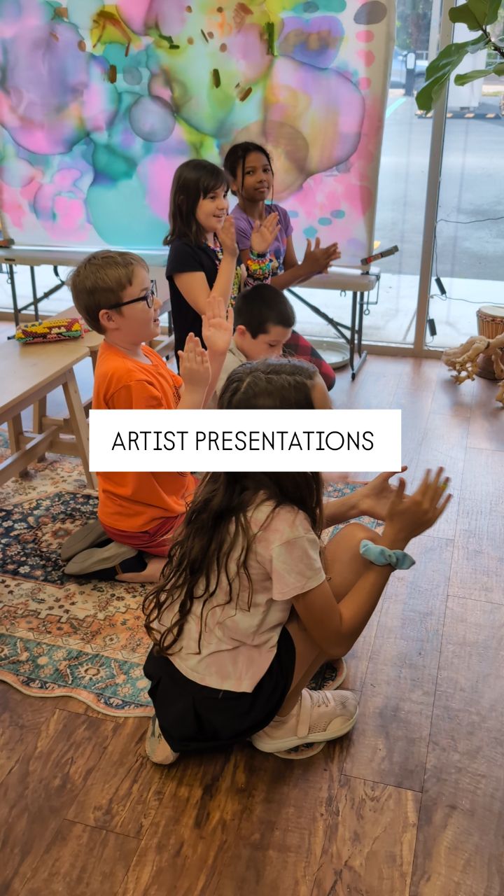 No background music needed, just the sounds of pure joy coming your way!
Artist presentations offer a lot more than just a chance to show finished work, they actively support each child in so many ways.
🎨Builds vocabulary and communication skills
Talking about their art helps children learn new words related to materials, techniques, and emotions, and practice expressing their ideas clearly.
✨Boosts confidence and self-esteem
Standing in front of peers and sharing their work gives children a sense of pride and accomplishment, especially when their efforts are recognized.
🖌️Strengthens public speaking skills
Regularly presenting helps kids become more comfortable speaking in front of others, organizing their thoughts, and projecting their voice.
🤩Encourages connection and meaningful discussion
Group conversations about art create opportunities for students to relate to one another, share perspectives, and build a sense of community.
🌞Develops critical thinking through Q&A
Answering questions on the spot helps children think more deeply about their work, reflect on their choices, and practice responding thoughtfully