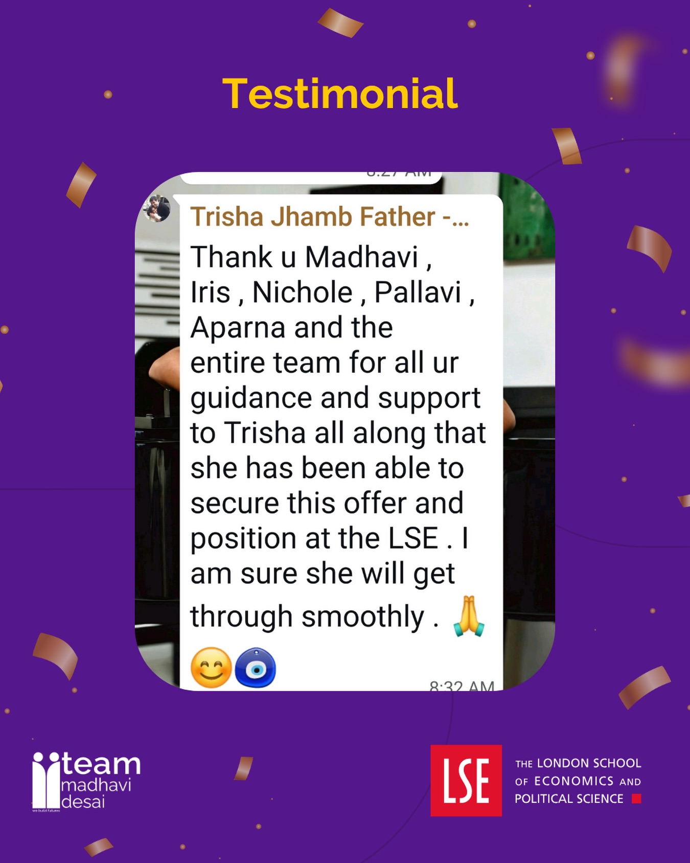 Behind every admit is a story of trust, effort, and teamwork.
Grateful to have guided Trisha on her journey to LSE and thankful for such kind words from her family 💫