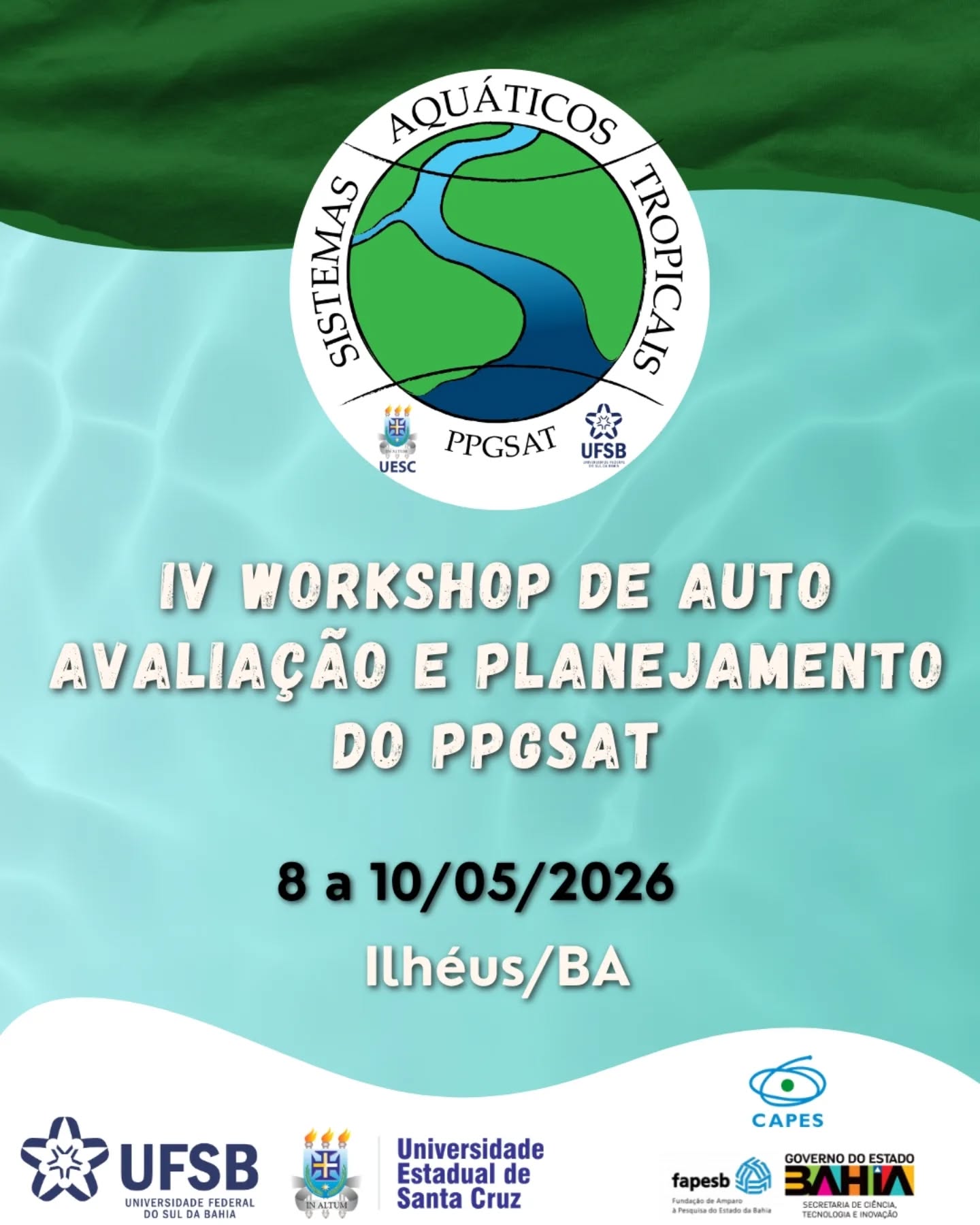 📅 Vem aí o IV Workshop de Autoavaliação e Planejamento do PPGSAT!
Durante os dias 08 a 10 de maio, em Ilhéus, teremos uma programação construída para fortalecer o diálogo, avaliar nossos caminhos e planejar o futuro do programa.
🌱 Serão momentos de troca, reflexão e construção coletiva, reunindo docentes, discentes e colaboradores em torno do aprimoramento do PPGSAT e das Sistemas Aquáticos Tropicais.
🤝 Uma realização conjunta da Universidade Federal do Sul da Bahia (UFSB) e da Universidade Estadual de Santa Cruz (UESC), com apoio da CAPES, CNPq e FAPESB.
👉 Arraste para o lado e confira a programação completa!
#PPGSAT #WorkshopAcadêmico #PósGraduação #SistemasAquáticos #Ciência Pesquisa Ilhéus Bahia