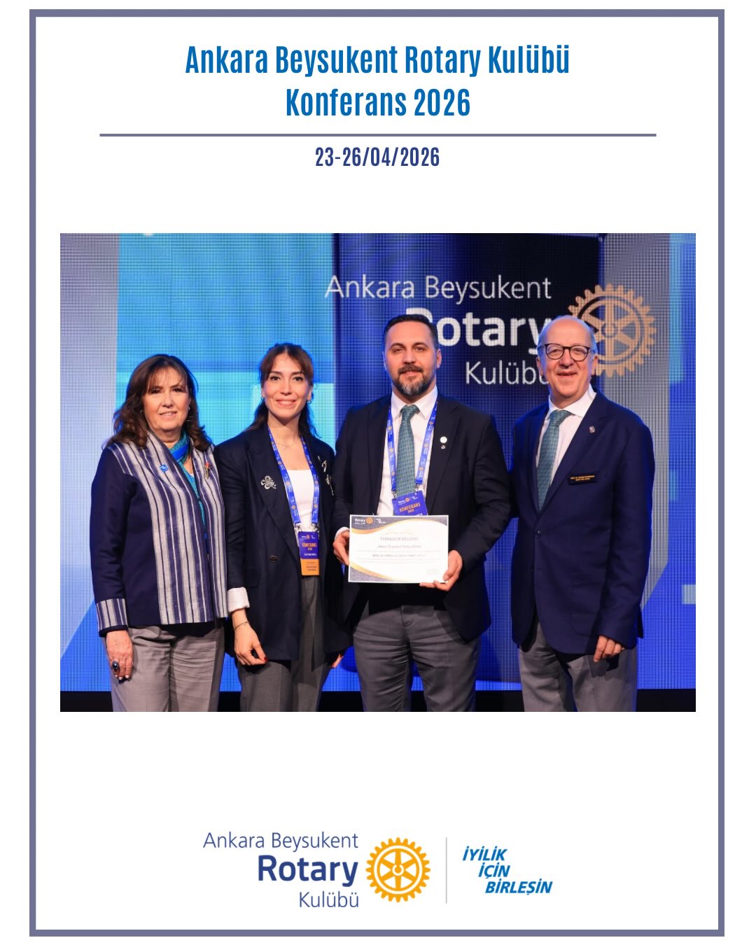23–26 Nisan’da Antalya’da gerçekleşen Bölge 2430 Konferansı’na Ankara Beysukent Rotary Kulübü olarak katılmanın gururunu ve mutluluğunu yaşadık.
“Iyilik İçin Birleşin” temasının sadece bir söz değil, birlikte projeler yaptıkça büyüyen bir güç olduğunu bir kez daha hissettik. Ekip ruhumuz ve dostluğumuzla hem çok keyifli anlar paylaştık hem de unutulmaz bir ödül töreni yaşadık. 💙
Ve bu güzel yolculuğu “Dönüştüren Kulüp” ödülü ile taçlandırdık. 🏆
Bu ödül; emeğin, dostluğun ve iyilik için bir araya gelmenin en anlamlı yansıması.
Daha nice projelerde iyilik için birleşmeye devam…
İyi ki Beysukent!
——————
We were proud and delighted to attend the District 2430 Conference held in Antalya on April 23–26 as the Ankara Beysukent Rotary Club.
We once again felt that the theme “Unite for Good” is not just a phrase, but a growing force strengthened through the projects we create together. With our team spirit and friendship, we shared wonderful moments and experienced an unforgettable award ceremony. 💙
And we crowned this beautiful journey with the “Transforming Club” award. 🏆
This award is the most meaningful reflection of dedication, friendship, and coming together for good.
Here’s to continuing to unite for good in many more projects…
So glad to be Beysukent!
#iyilikiçinbirleşin #Uniteforgood #Bölge2430 #Rotary #RotaryBölge2430