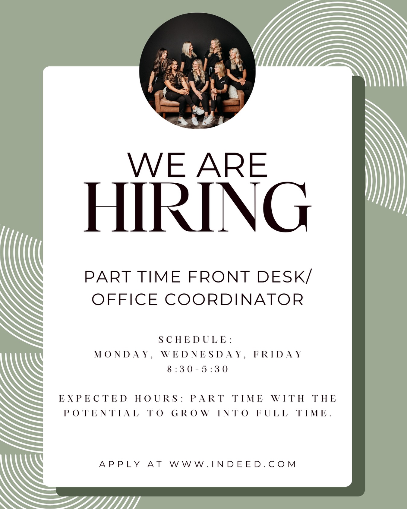 At Vybrance Med Spa, we specialize in helping clients feel confident and proud of their skin through science-backed treatments and personalized care. We’re looking for an enthusiastic and highly organized Front Desk/Office Coordinator to be the welcoming face of our spa and ensure everything runs smoothly behind the scenes.
Qualifications:
- Previous experience in a customer-facing role preferred, ideally in a spa, healthcare, salon, or hospitality setting.
- Strong communication and interpersonal skills.
- A passion for beauty, wellness, and helping others feel their best.
*benefits not included in position*
If you have the skills, experience and passion to be a successful addition to the Vybrance Medical Spa team, we would love to hear from you!
How to Apply:
Go to www.indeed.com
We look forward to meeting you! 🩷