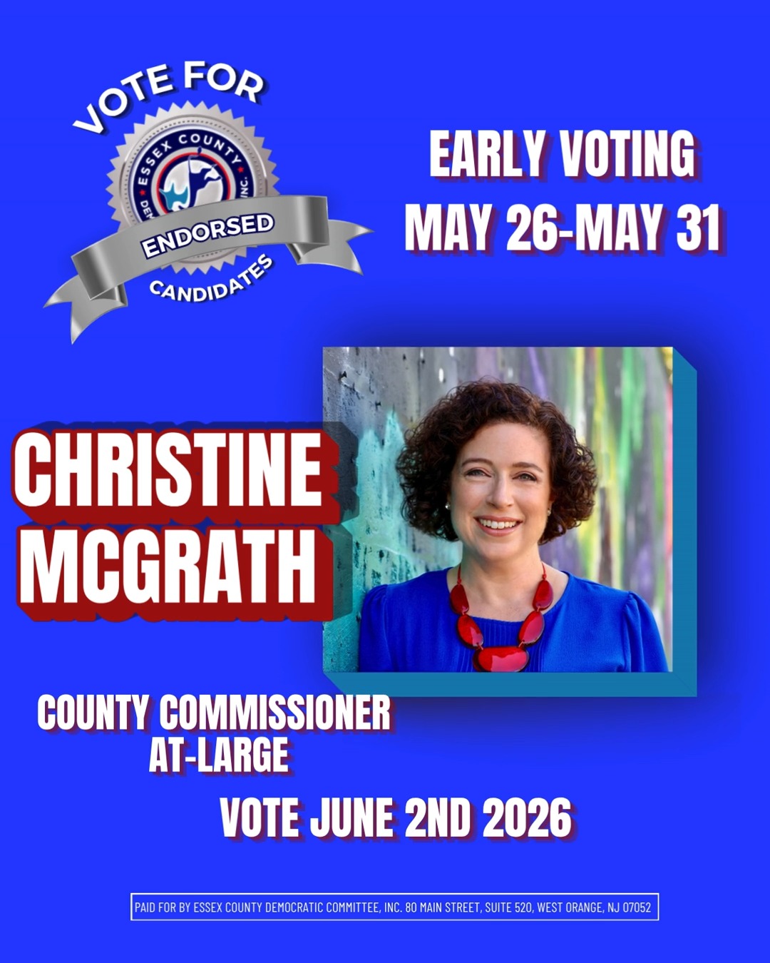 The Essex County Democratic Committee, Inc. has officially endorsed a slate of candidates who reflect the values, priorities, and vision we believe in for our communities.
Get to Know Christine McGrath for Essex County Commissioner
Follow us at @essecountydems and visit www.essexdems.org//2026-endorsed-candidates to learn more about the candidates running in the June 2nd Primary.
Drop #EssexDemsEndorsed in the comments below to show your support.
#VoteByMail #EssexCountyVotes #NJ2025Elections
