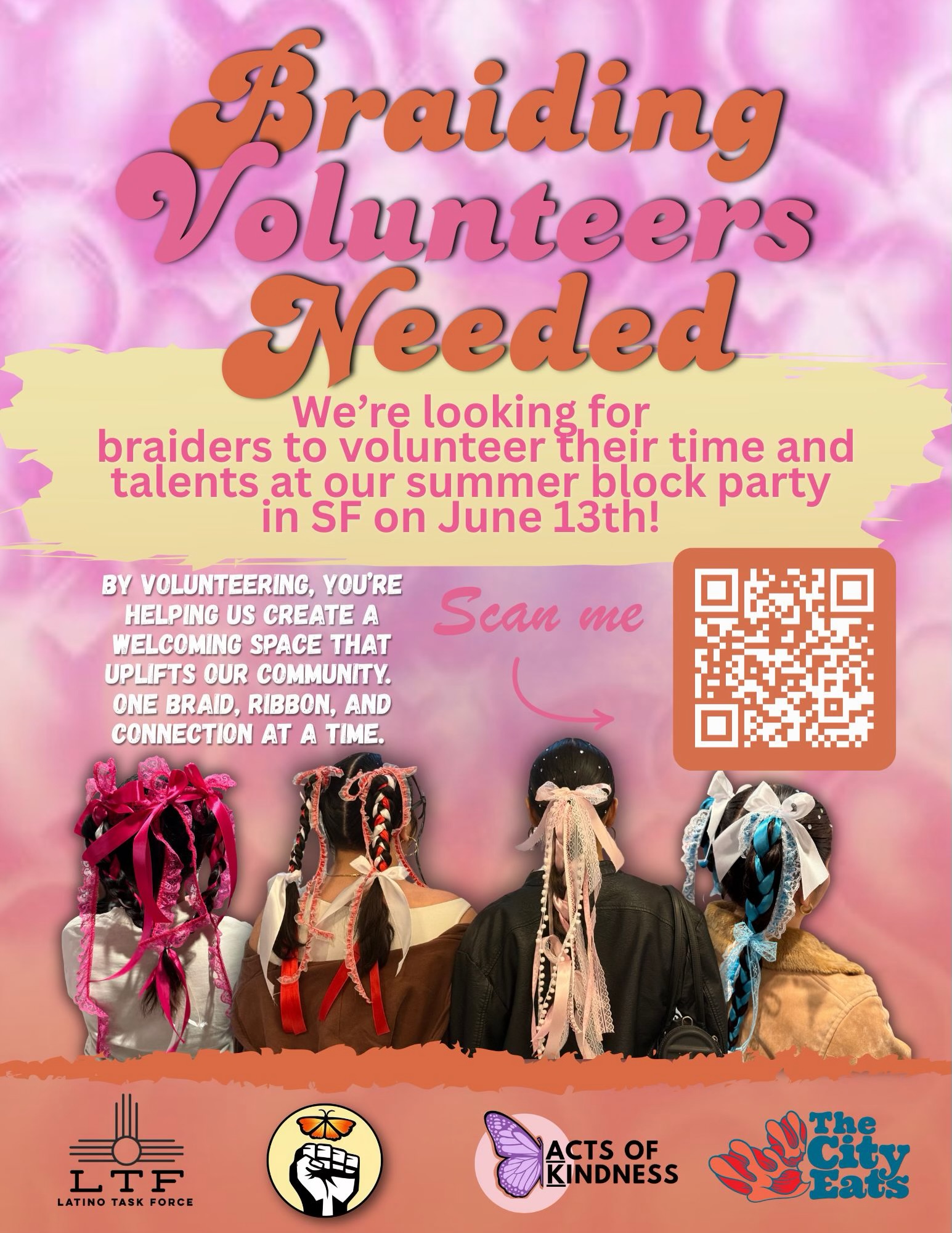 Bay Area and San Pancho folks, we need YOU 💖
We’re looking for vendors, braiders, and volunteers to help bring our Summer Block Party Fundraiser to life on June 13th in San Francisco ☀️
If you want to showcase your business, volunteer your talents, or be part of a beautiful community event, scan the QR code or fill out the interest form today ✨