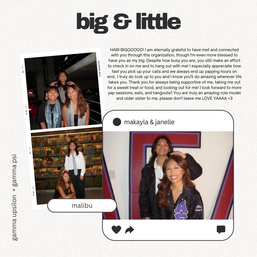 .đ„ Ę Ë Big Little Shoutout Ë Ęđ„.
â
The next big little duo that we would like to highlight is Makayla Phea from the Î΄ class and Janelle Santiago from the ÎΚ class!