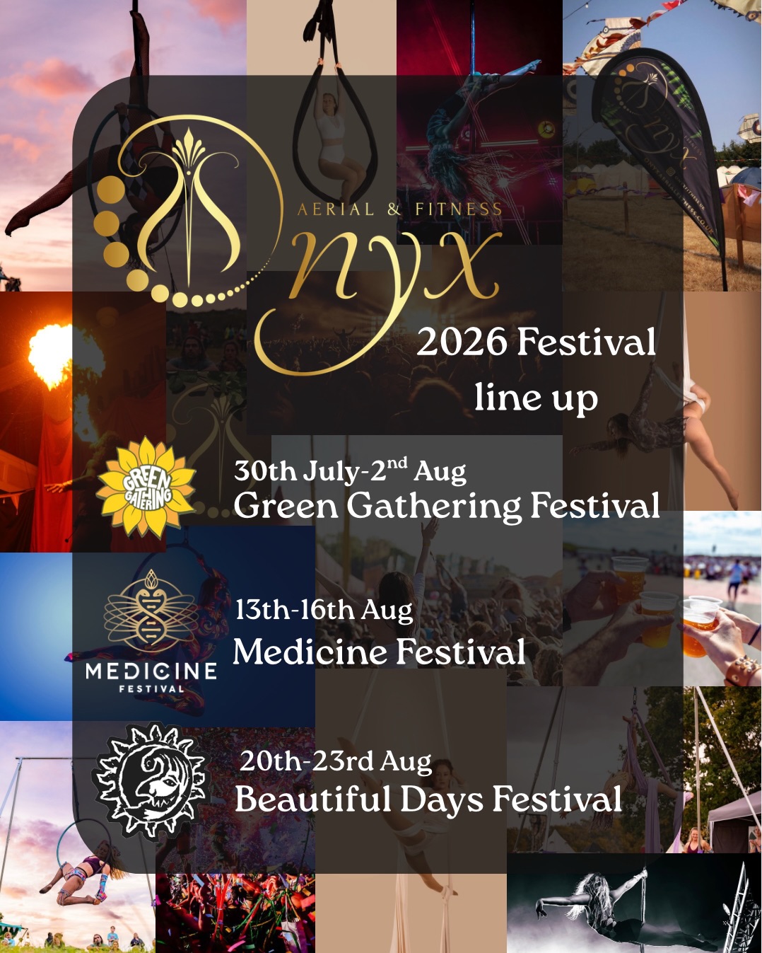 SUMMER 2026 @onyxfitnessUK FESTIVAL LINE UP
🌳@greengathering_
🌱@medicinefestival
☀️@beautifuldaysfestival
⬆️ Are you attending any of these wonderful UK FESTIVALS this year?
Join us on our circus 🎪 aerial rigs…
- WORKSHOPS for adults & children
- PERFORMANCES
- 1-1 sessions
Meet the our team of professionally qualified instructors with over 15 years of circus, performance art & yoga experience.
We can’t wait to meet you!
Love Onyx 🖤