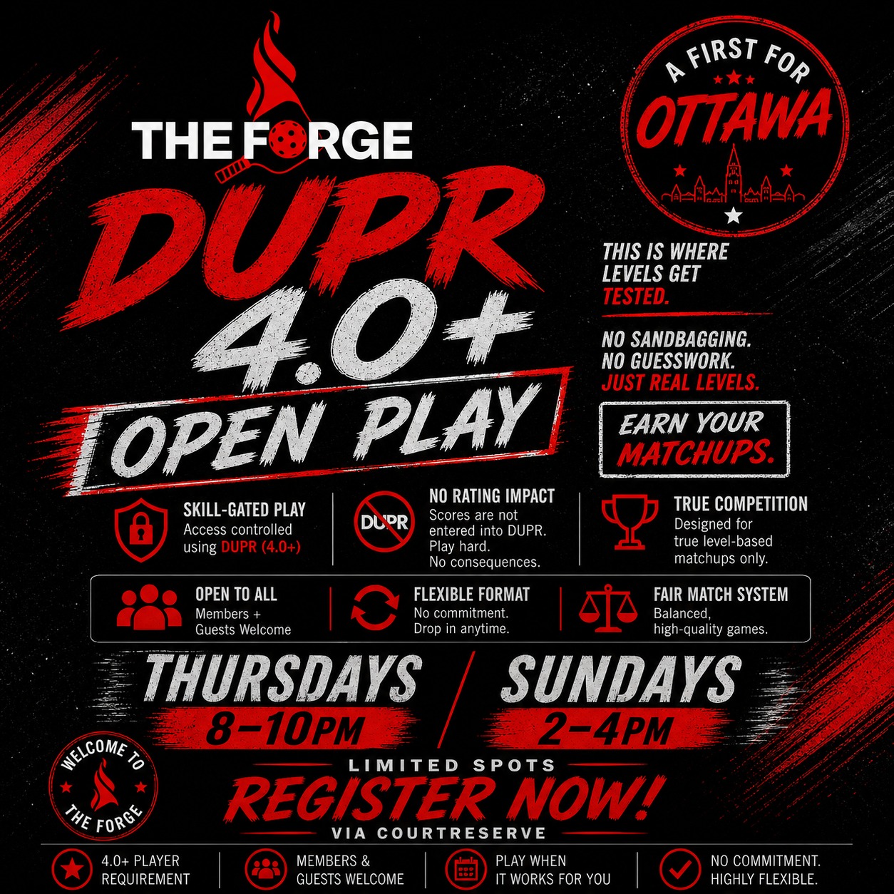 Ottawa — this hasn’t been done before.
Introducing DUPR 4.0+ Open Play at The Forge.
- Skill-gated Round Robin
- Built for real 4.0+ competition
- No DUPR score impact
- Open to everyone (members/Guests)
Show up. Compete. Repeat.
If you’ve been chasing true high-level runs… this is it.
Spots are limited. Lock in now.
#ottawapickleball #DUPRgated #honeyourpickleball #letsgo