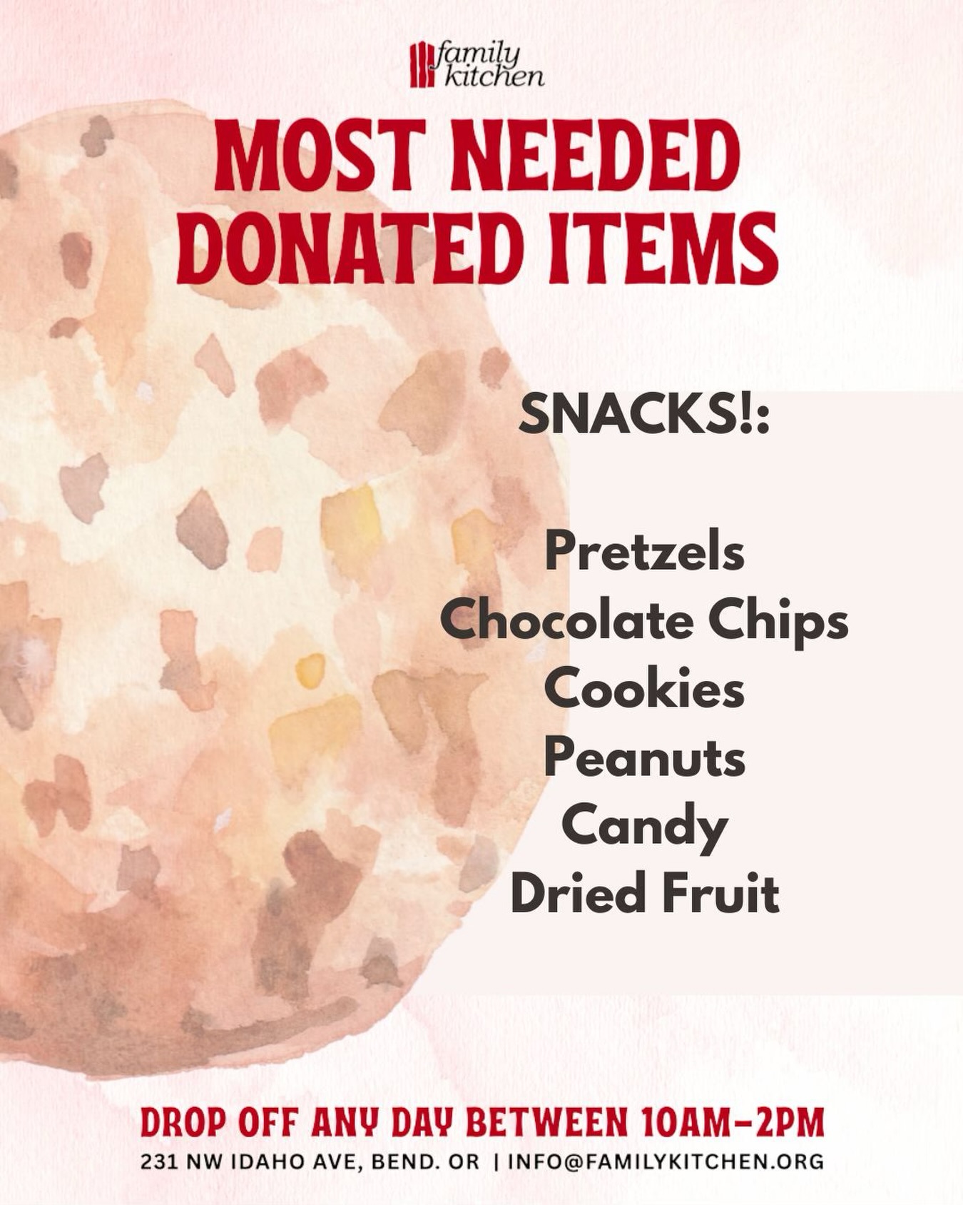 *UPDATE!* We’ve had several snack donations delivered, and we are so grateful for that! We are looking for a few more donations this week to get us stocked for our upcoming meal deliveries. Please keep them coming and let us know if you have any questions! Thank you for answering the call!
We have a special request for donated items this month! We make to-go meals for Central Oregon Veterans Outreach (COVO), who distributes them around local campsites every Tuesday and Thursday. We include snacks with their sandwiches to round out the meals. If you’re able, please consider donating the items listed above, or any other snack items you enjoy! Thank you! 🥨
📍231 NW Idaho Ave
Drop off any day between 10am-2pm
#bend #bendoregon #centraloregon