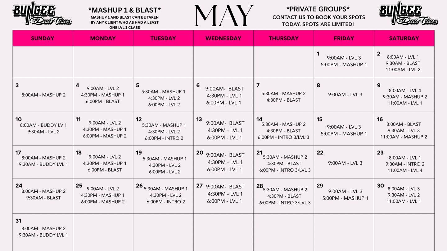 Take a look at what’s going on in May! 🩷
Lots of buddy class options so get your friends and come see us 👩🏻🐰👩🏼
