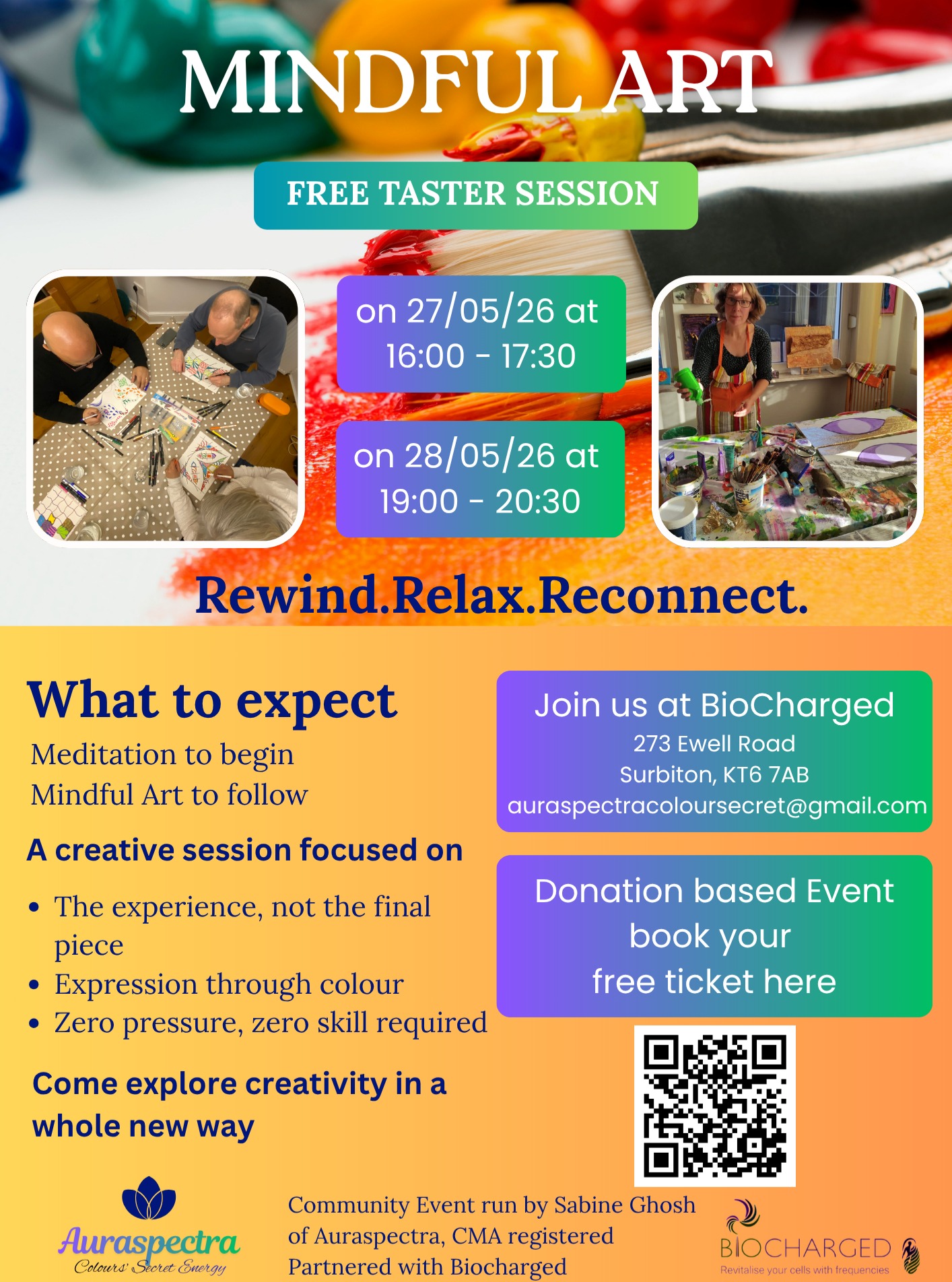 I am running these FREE Taster sessions in partnership with @biocharged.uk
Book now on: https://www.auraspectra.co.uk/event-list
#freeevent #mindfulart #mindfulness #arttherapyworkshop #communityevent #whatsonkingston