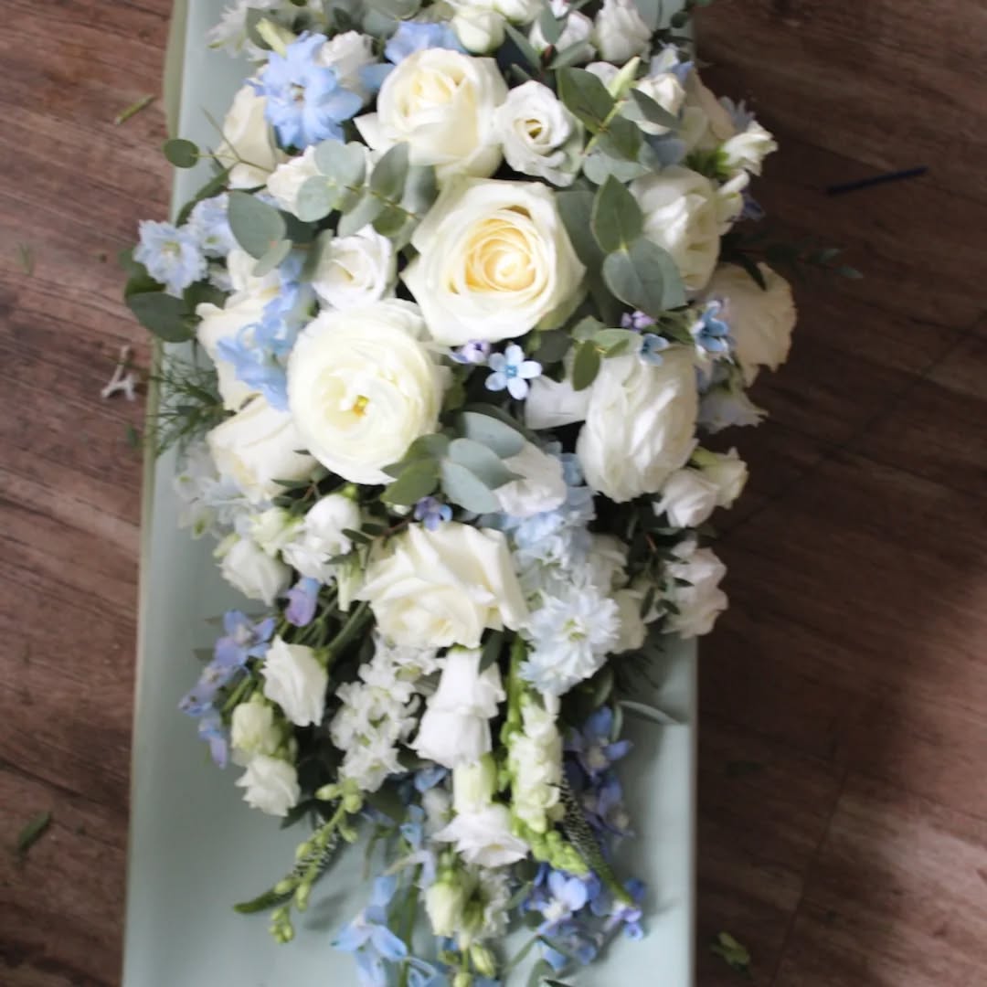 For Katie - gorgeous choice of pale blue and white ranunculus, delphiniums and roses #cascadingbridalbouquet #weddingfloristedinburgh #weddingflowersedinburgh #paleblueandwhitewedding