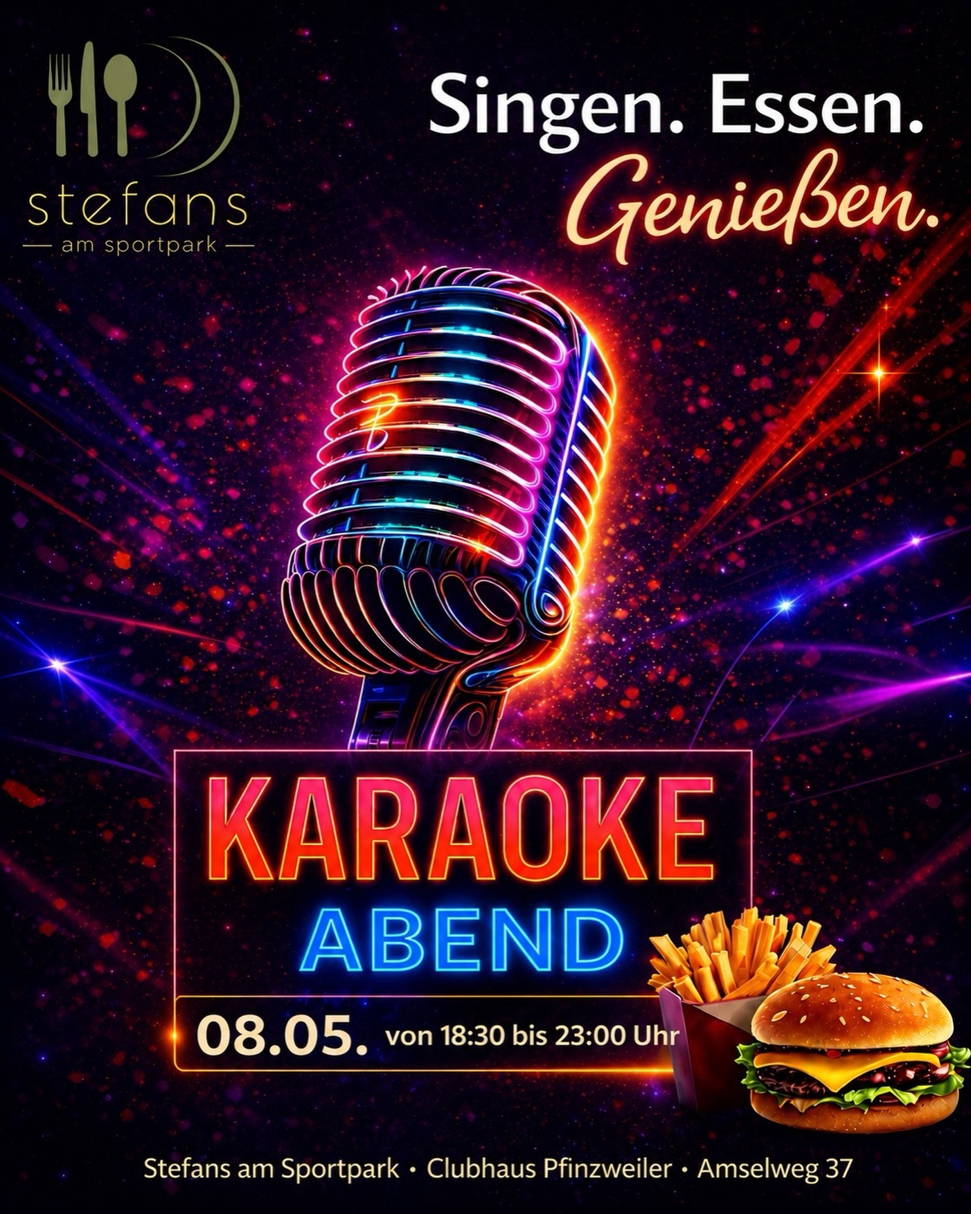 🎤✨ Karaoke-Abend bei Stefans am Sportpark ✨🎤
Am 08. Mai von 18:30 bis 23:00 Uhr heißt es wieder:
Singen. Essen. Genießen. 🎶🍽️
Freut euch auf einen stimmungsvollen Abend mit guter Musik, leckerem Essen und jeder Menge Spaß!
Ob alleine, mit Freunden oder der Familie – bei uns ist jeder willkommen. 🎤🥳
Natürlich könnt ihr aus unserer kompletten Speisekarte wählen.
Als besondere Aktion gibt es an diesem Abend unser beliebtes Burger-Menü zum Sonderpreis von nur 10,90 € 🍔🍟
📍 Stefans am Sportpark
Clubhaus Pfinzweiler • Amselweg 37
📞 Reservierungen über unsere Website www.stefans-pfinz.de
Oder telefonisch unter: +49 (0) 7082 36 77
👉 Beitrag darf gerne geteilt werden, um uns zu unterstützen.
Wir freuen uns auf einen tollen Abend mit euch! 🔥🎶