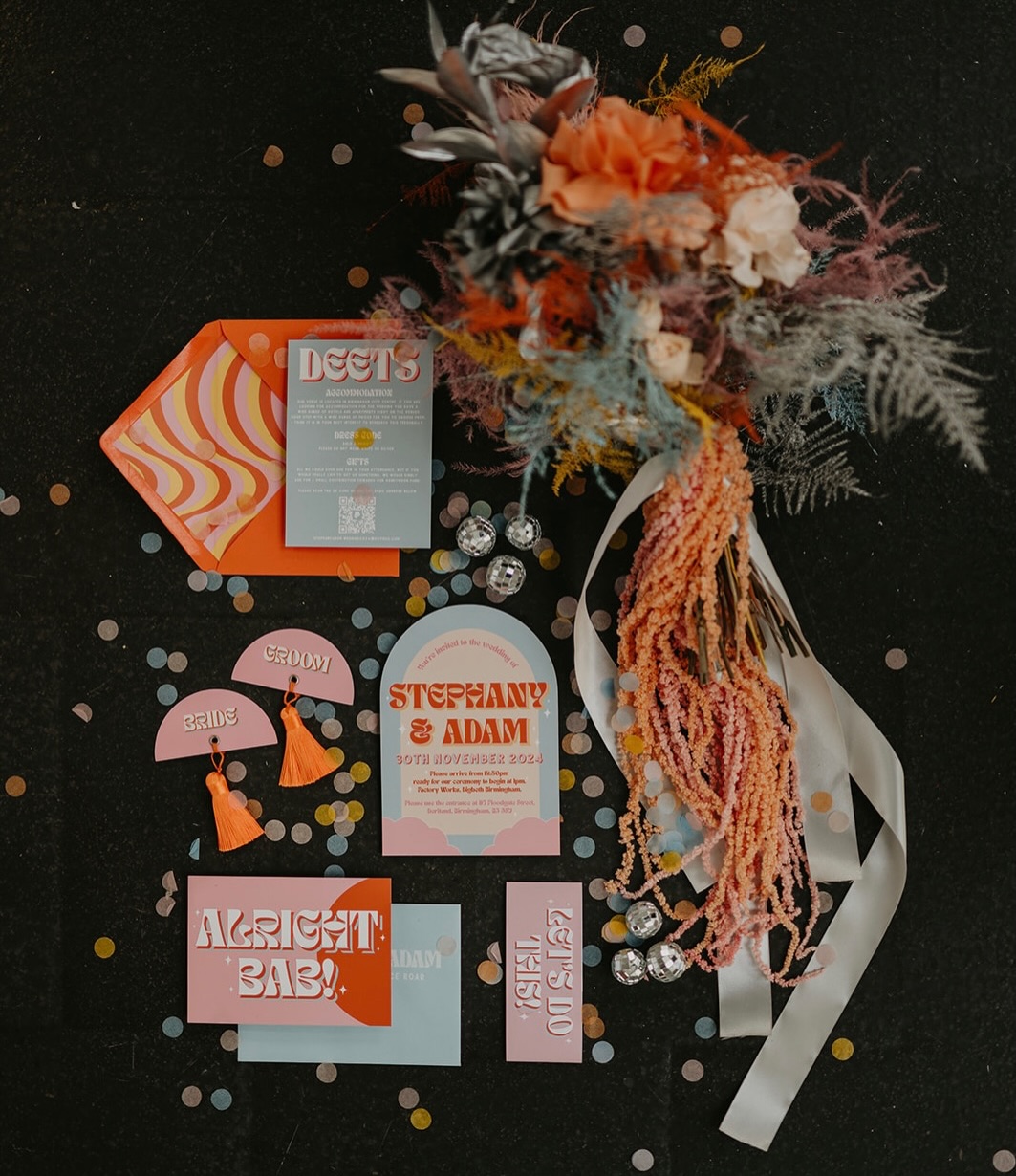 Flashback to one of my all-time favourite weddings. Bursting with colour, and so much love. The most awesome couple and some of the best wedding suppliers in the industry. All brought together in my home city of Birmingham.
I worked with Stephany and Adam over two years, starting with their save-the-dates and then designing their full stationery suite. From there, we brought everything together with coordinating on-the-day pieces, collaborating with absolute superstar Amelia from @amwevents. Every detail was beautifully captured by the legend that is @markhortonphotos, and I later created some on-brand thank you cards using one of Mark’s stunning photographs.
This colour filled celebration of love is testament to the fact that team work really does make the dream work 🙌🏻
Stylist & On the day Coordinator @amw.events
Venue @digbethweddings
Photographer @markhortonphotos
Videographer @thecostasisters
Florist @carrienewnamscottfloraldesign
Streamers @streamadelica_uk
Stationery @peachwolfe
DJ @theweddingcrasherdjs
Celebrant @kickassgatherings
Linens @theknottednapkinco
Caterer @bakedinbrick
Festoon Lighting @marklewproductions
Table and Chairs @chairmanhireuk
Photobooth @the_luxbooth
Ceremony Guitarist @mikeyrainsford
Band @blackbirdweddingsuk
Table hireware @theluxecollectionuk & @vintagegoldchina
Bibs @daydreamer_creative_studio 2nd Shooter @tomxpreece.photos
Couple @swteph @adam_msmith
Planner @amw.events
OTD Assistant @melissa_amwevents
Dress @christienicole_bridal
Shoes @stevemaddenuk @drmartensofficial
Hair @yasminfadhelhair
MUA @heavenly_beauty_by_kelly
Suit @mossbros #colourfulwedding #weddinginvite #weddinginspiration #weddinginspo #coolwedding