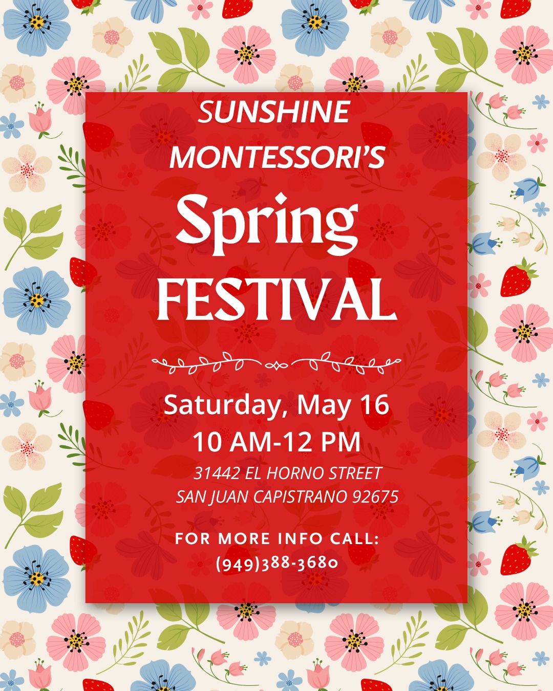 Come join us at Sunshine Montessori on Saturday, May 16th from 10:00 AM-12:00 PM. We will be playing games, making a craft, and having fun!
www.sunshinemontessorisjc.com. (949)388-3680. 18 months - 6 years old.