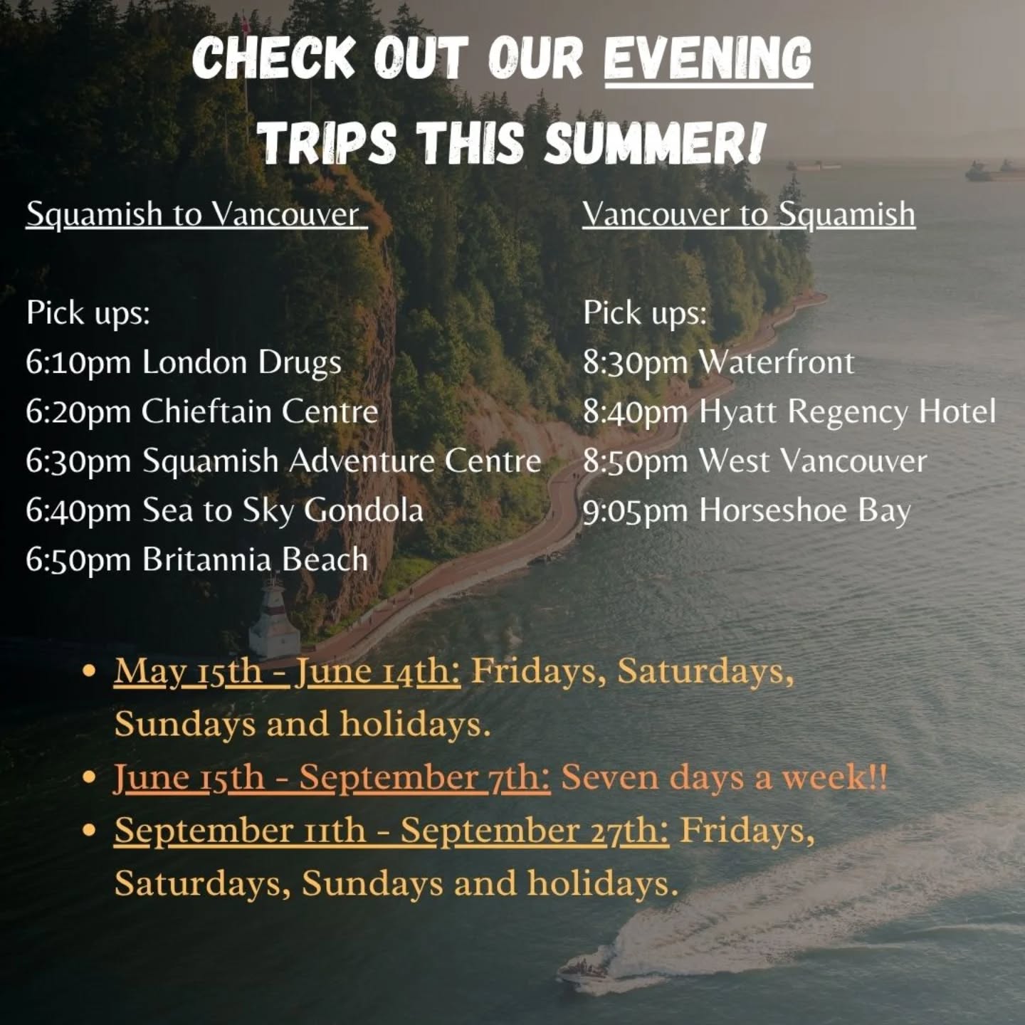 Our evening trips are back!
Longer days means returning home later and we know it.
Tell your friends!
#squamish #exploresquamish #seatoskyhighway
#summerinsquamish #discoverbc