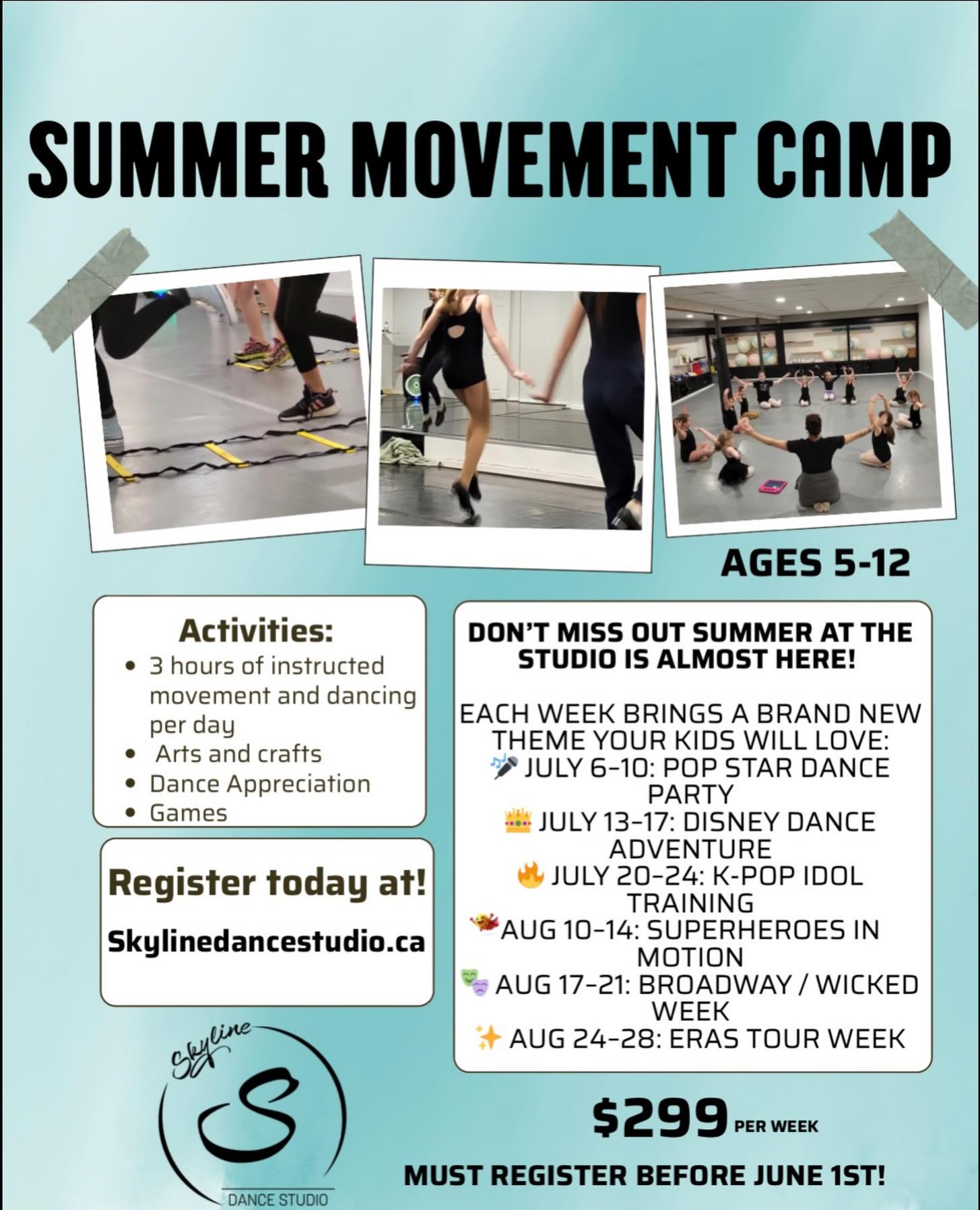 ☀️ Summer at the studio is almost here! ☀️
Our Summer Movement Camp is packed with dancing, movement, games, crafts, and themed weeks your kids will LOVE! 💃🎨✨
From Pop Star Dance Party to Wicked Week and Eras Tour Week, every camp brings a brand new adventure for ages 5–12!
🗓️ Weekly camps running July & August
⏰ 3 hours of instructed movement and dance each day
💲 $299/week
⚠️ Registration deadline: June 1st
Register today at skyline.dancestudio.ca 💙