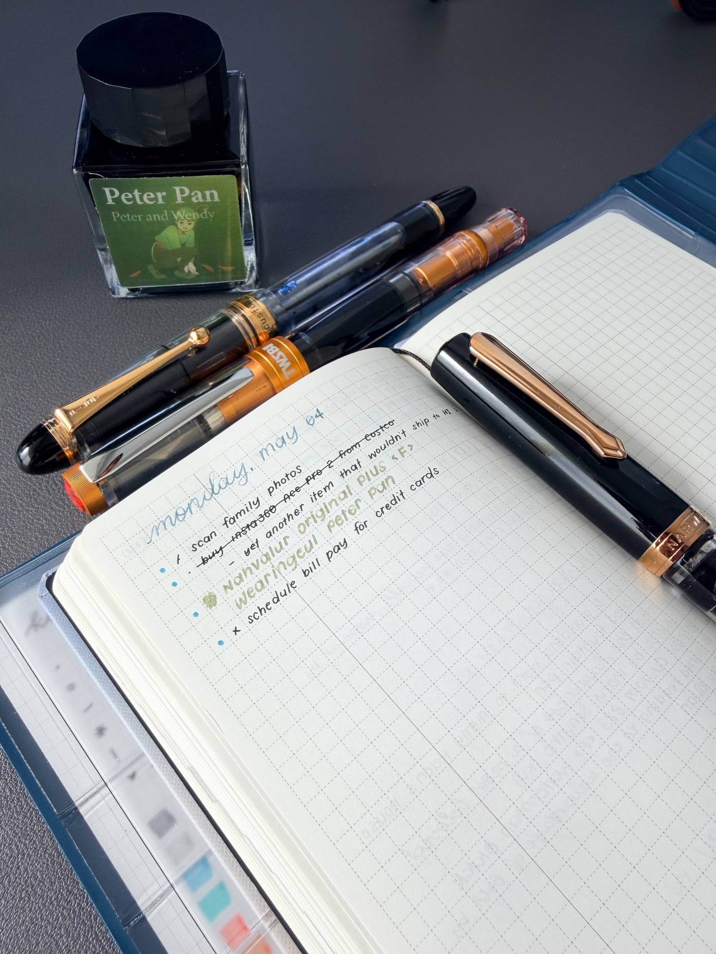 Happy Monday! I hope your week is off to a good start. 💕
I seem to be gravitating towards @wearingeul_global inks at the moment. The colored ink for my date headers this month is Wearingeul Lost, and I just inked up my Nahvalur fountain pen with Wearingeul Peter Pan. In particular, it’s my first time using Peter Pan, and I’m quite happy with my purchase. It’s another lovely green for my collection!
Photographed:
Hobonichi Weeks
Pilot Custom 823 <F> with Wearingeul Lost
TWSBI 580ALR <Needlepoint by Pen Ream> with De Atramentis Document Black
Nahvalur Original Plus <F> with Wearingeul Peter Pan