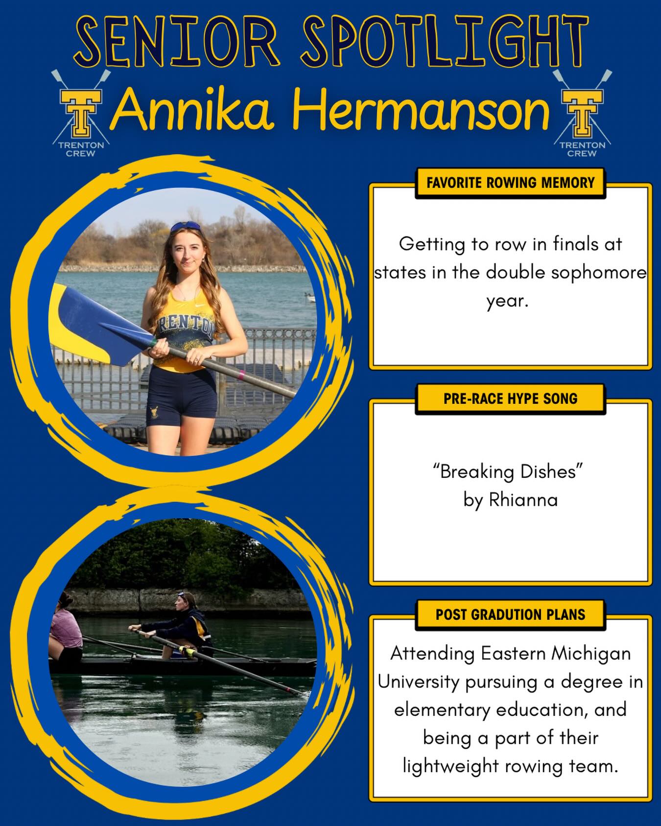 Senior Spotlight! ✨🚣🏻♀️ Annika Hermanson is a four year senior. Her passion for this sport has been an inspiration to many of her teammates and coaches. She is a hard worker who never lets anything get in her way. Annika will continue her rowing career at Eastern Michigan University with their lightweight program. We are so grateful to have had her as a part of this program!