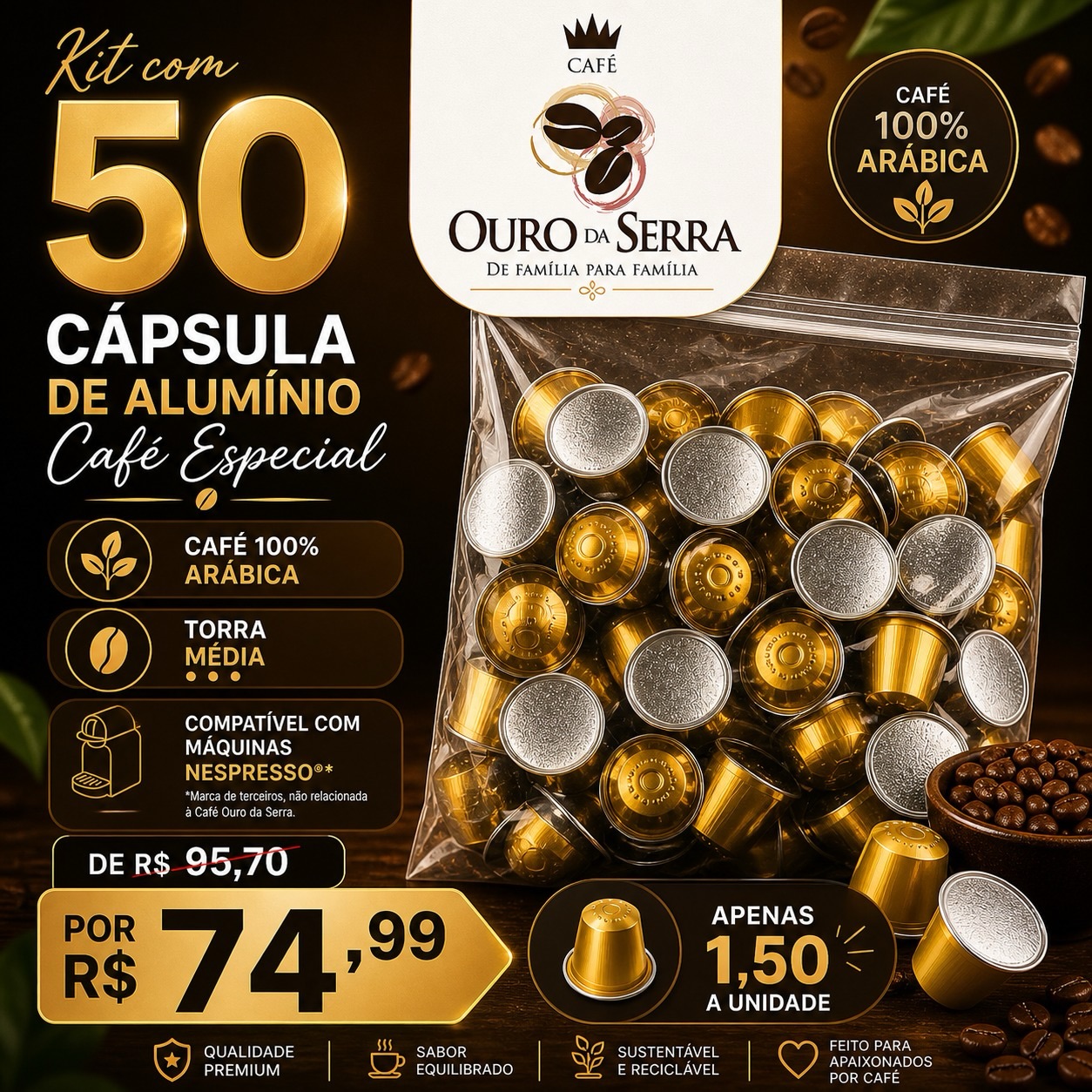 O café de cafeteria, no conforto da sua casa, por apenas R$ 1,50 a cápsula? ☕️✨
Sim, você não leu errado! Garanta o seu Kit com 50 cápsulas de alumínio da Café Ouro da Serra com um desconto imperdível. De R$ 95,70 por apenas R$ 74,99.
Por que escolher Ouro da Serra?
✅ 100% Arábica: Sabor e aroma superiores.
✅ Torra Média: O equilíbrio perfeito para o seu paladar.
✅ Cápsulas de Alumínio: Preservam o frescor e são compatíveis com máquinas Nespresso®️.
✅ Sustentável: Qualidade premium que respeita o meio ambiente.
Não deixe seu estoque acabar. Café especial de verdade é outra experiência!
🛒 Clique no link da bio e garanta o seu kit agora!