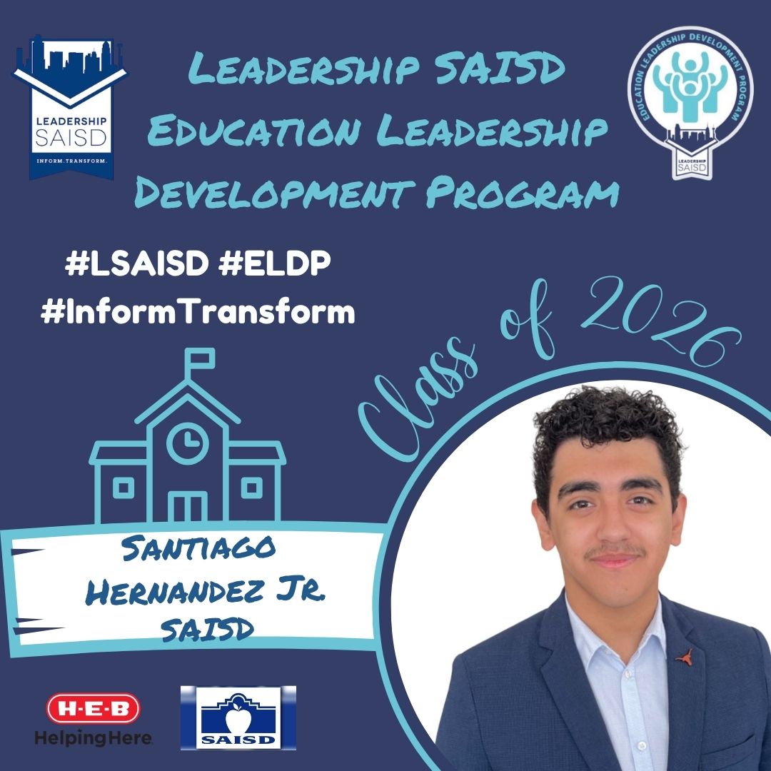 #ELDP Class of 2026 Spotlight ✨ Santiago Hernandez Jr. is a recent graduate from the University of Texas at Austin, where he earned a B.A. in Government and Race, Indigeneity, and Migration, with a certificate in Public Policy. During his time at UT, he was a member of the Longhorn Marching Band. Santiago attended and grew up in SAISD and is blessed to have the opportunity to build skills to better advocate for public education. Santiago is currently a Clerk in SAISD and will start teaching through Teach for America in the fall. {Shout out to Santi for also being the LSAISD Summer 2025 Intern!) #LSAISD #informtransform #publiceducation Thank you to our 2026 Program Sponsors @heb and @sanantonioisd