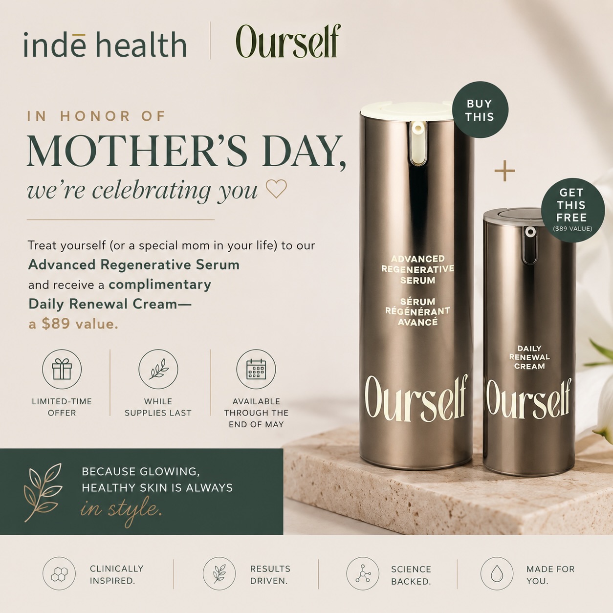 In honor of Mother’s Day, we’re celebrating you 🤍
Treat yourself (or a special mom in your life) to our Advanced Regenerative Serum and receive a complimentary Daily Renewal Cream—a $89 value.
✨ Limited-time offer
✨ While supplies last
✨ Available through the end of May
Because glowing, healthy skin is always in style.
📍Weston, FL
📅 schedule today at indehealth.com
💬 call or text us today: 954-302-8382
#skin #mother #you #deal #special
