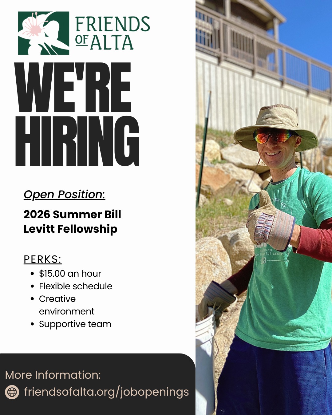🔥 We're Hiring!!
We are excited to announce the search for our 2026 Summer Bill Levitt Fellow! Join our team this summer to help protect Alta for future generations. This position offers a flexible work schedule and provides an excellent opportunity to gain hands-on experience in nonprofit work. With competitive pay of $15 an hour and the chance to earn college credit, this is an opportunity you won’t want to miss. Apply now to make a meaningful impact while building valuable skills.
Job details at link in bio or www.friendsofalta.org/jobopenings