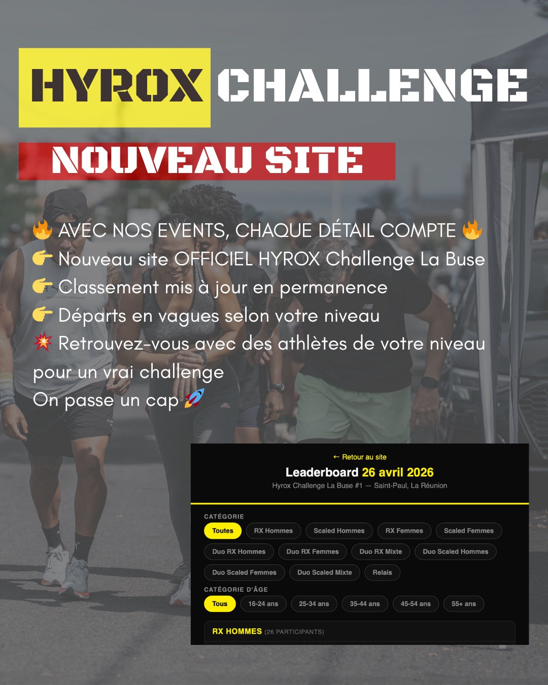 🌴 Prochain rendez-vous : 12 Juillet pour une SUMMER édition
Restez attentifs aux dates cette fois-ci 👀
📲 Toutes les infos seront publiées en même temps sur :
notre Instagram CrossFit La Buse
et notre site “Hyrox Challenge la Buse"
On met déjà tout en œuvre pour que l’édition de juillet soit encore plus réussie 🚀
💬 Si vous avez des remarques ou suggestions, n’hésitez pas à nous écrire en message privé sur Instagram
🔥 La Team HTC