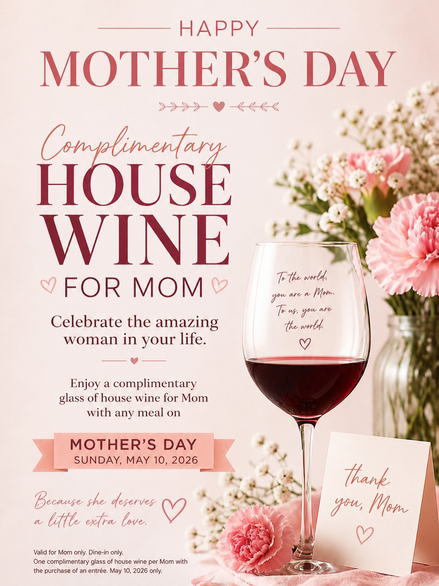 Moms deserve flowers, good food, and a glass of wine 🍷💐
Celebrate Mother’s Day with us at Uni Sushi Ramen and enjoy a complimentary house wine for Mom with any entrée ✨
📍 Dine-in only
📅 Sunday, May 10, 2026
Treat Mom to a relaxing dinner — we’ll take care of the wine ❤️