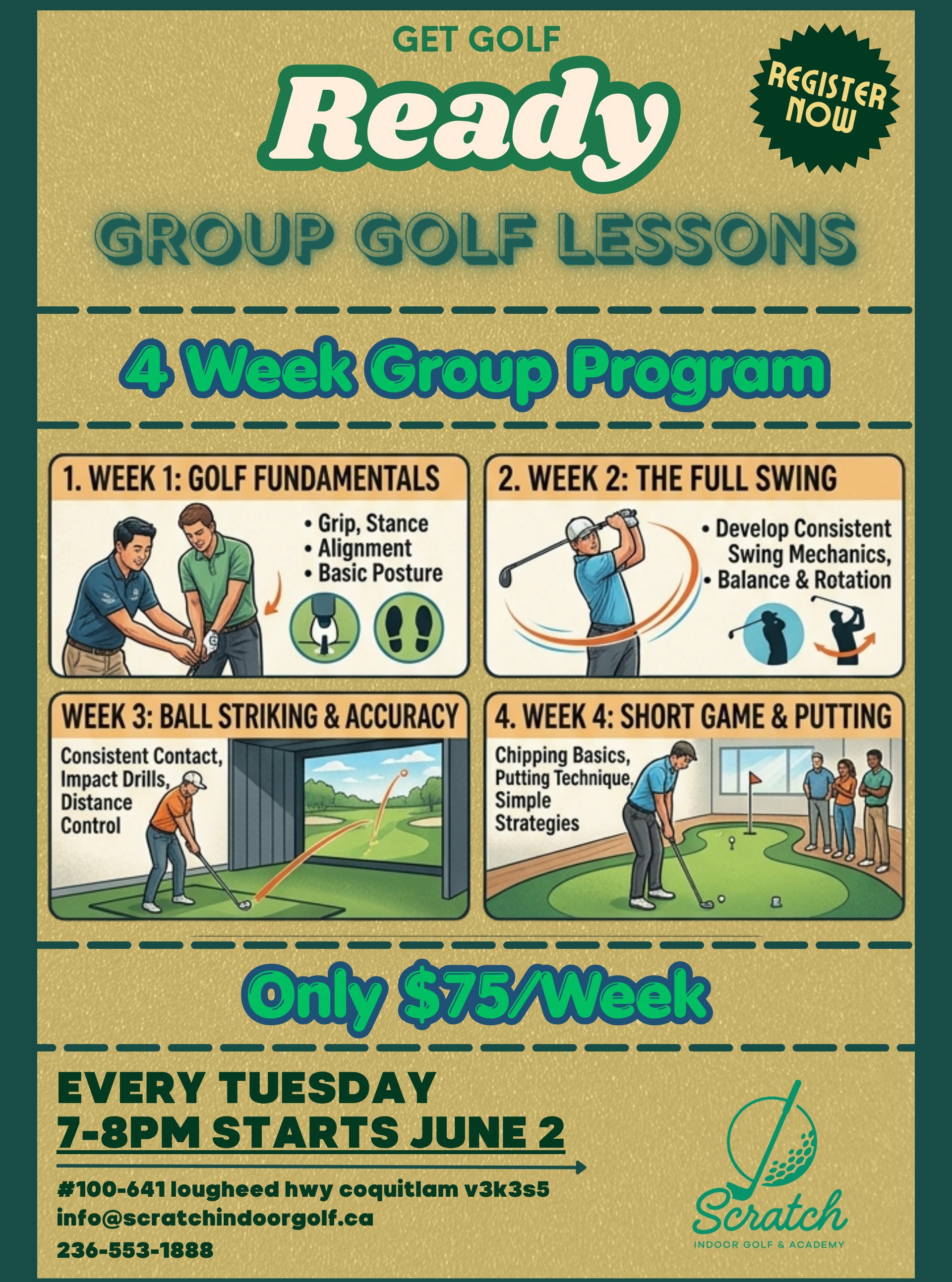 New to golf? This is your sign. ⛳
Join our 4-Week Group Lesson Program and build real skills from the ground up — with a certified PGA coach and a group of 4.
📅 Starts June 2 | Every Tuesday 7–8PM
💰 Only $75/week
📣 High demand = more days added — register now and let's make it happen!
📍 Coquitlam, BC
Register via the link in our bio.
.
.
#golflessons #learntoplay #indoorgolf #beginnergolf #golfcoach #coquitlam #metrovancouver #scratchindoorgolf