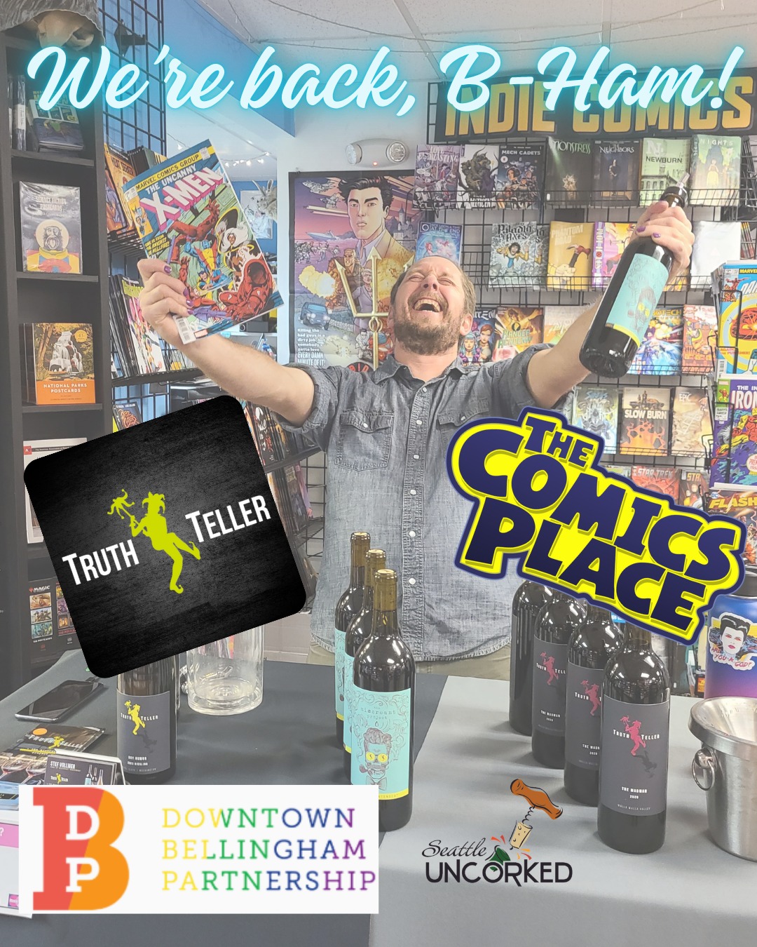 We're coming back, Bellingham!
You know where to find us - we'll be at The Comic's Place, just the way we like it. We'll be pouring a couple of old favorites and a brand new wine that you're gonna love. And yes, we promise to put down the comics long enough to fill your glasses.
Come see us this Friday, May 8th from 5:30-9!
#truthtellerwinery #thecomicsplace #bellinghamdowntownpartnership #seattleuncorked #woodinvillewinecountry #siplocal #wawine #pnwwine