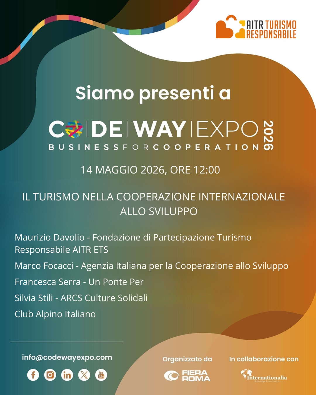 Il turismo può essere uno strumento di cooperazione internazionale, sviluppo locale e valorizzazione dei territori?
Se ne parlerà il 14 maggio alle ore 12.00 a Codeway Expo 2026 durante la tavola rotonda “Il turismo nella cooperazione internazionale allo sviluppo”.
Un confronto dedicato al ruolo del turismo responsabile nei processi di sviluppo sostenibile, tra partecipazione delle comunità locali, tutela del patrimonio culturale e naturalistico, inclusione sociale e creazione di opportunità economiche nei territori.
Interverranno:
• Maurizio Davolio – Fondazione AITR ETS
• Marco Focacci – Agenzia Italiana per la Cooperazione allo Sviluppo
• Francesca Serra – Un Ponte Per
• Silvia Stili – ARCS Culture Solidali
• Club Alpino Italiano
📍 Codeway Expo – Fiera Roma
📅 14 maggio 2026
🕛 Ore 12.00
#CodewayExpo #TurismoResponsabile #CooperazioneInternazionale #TurismoSostenibile #AITR #TurismoDiComunità