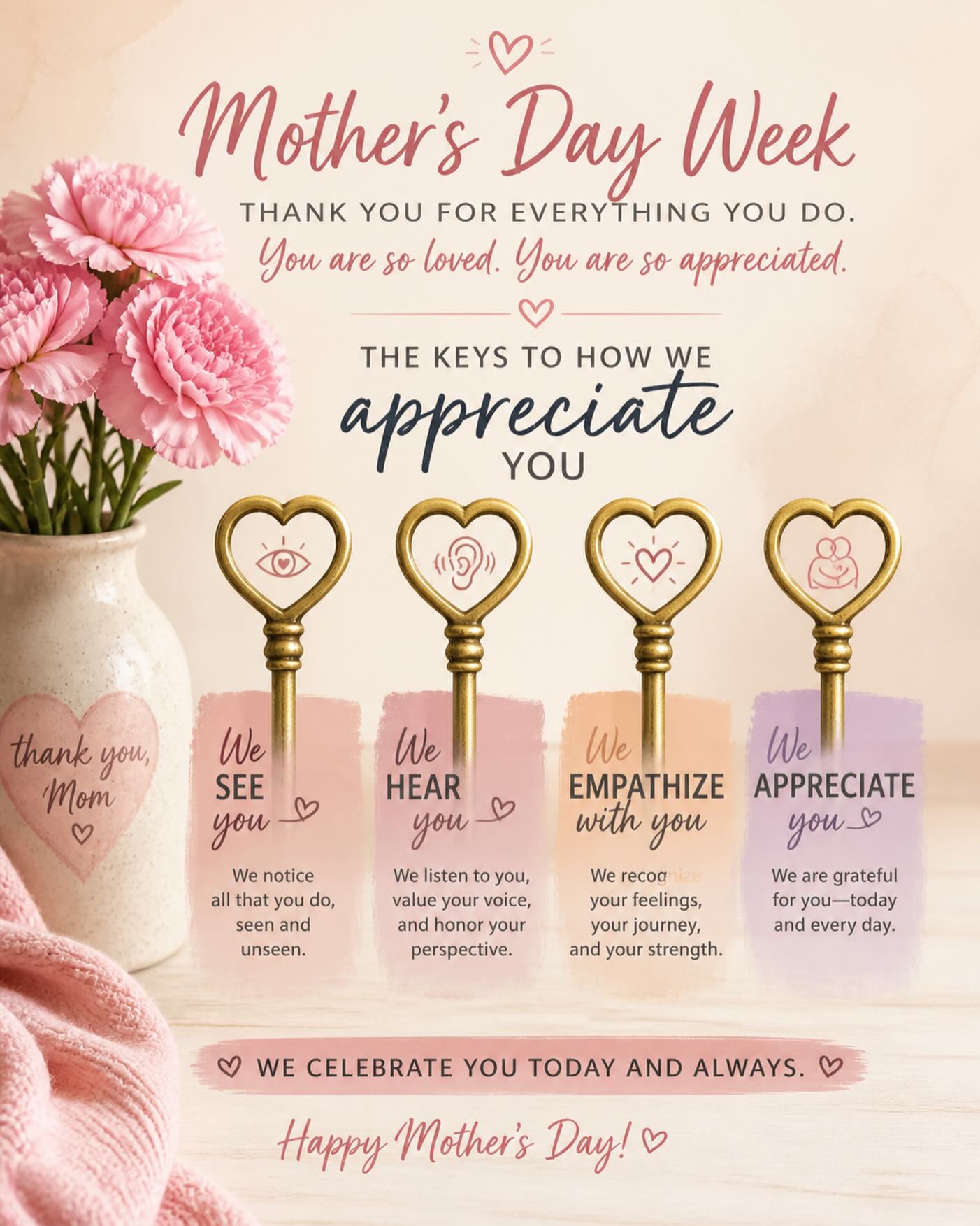 To all of our amazing moms — we see you, we hear you, we empathize with you, and we support you every step of the way. 💐
At Keys to Communicate, we are grateful to be part of your journey and honored to support the love, strength, and dedication you give each and every day.
Wishing all of our wonderful moms a very Happy Mother’s Day! 💕