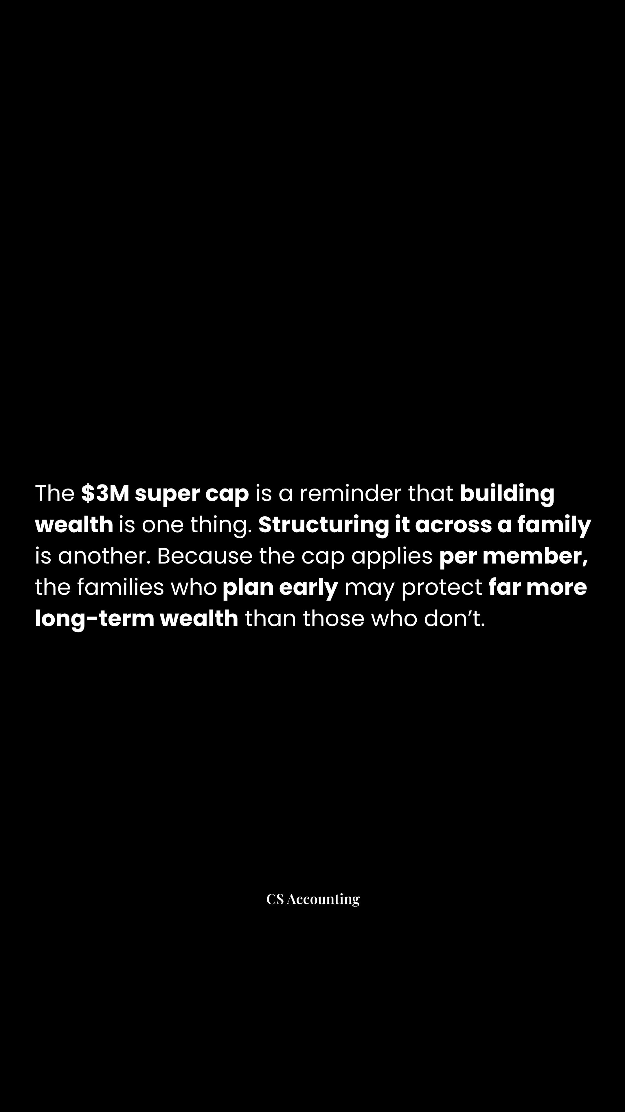 The $3M super cap has people worried...
Because the cap applies per person, not per family, there may be opportunities to spread balances and reduce exposure, especially once you’re eligible to access your super.
Strategies like withdrawing and supporting the next generation’s super can keep wealth inside the system, while also improving overall tax efficiency across the family.
But this isn’t a one-size-fits-all solution. Timing, contribution caps, and personal circumstances all matter.
The goal isn’t to react to the rule.
It’s to plan around it properly.
Here if you need a hand.
#tax #taxaccountant #superannuation #taxdeductions