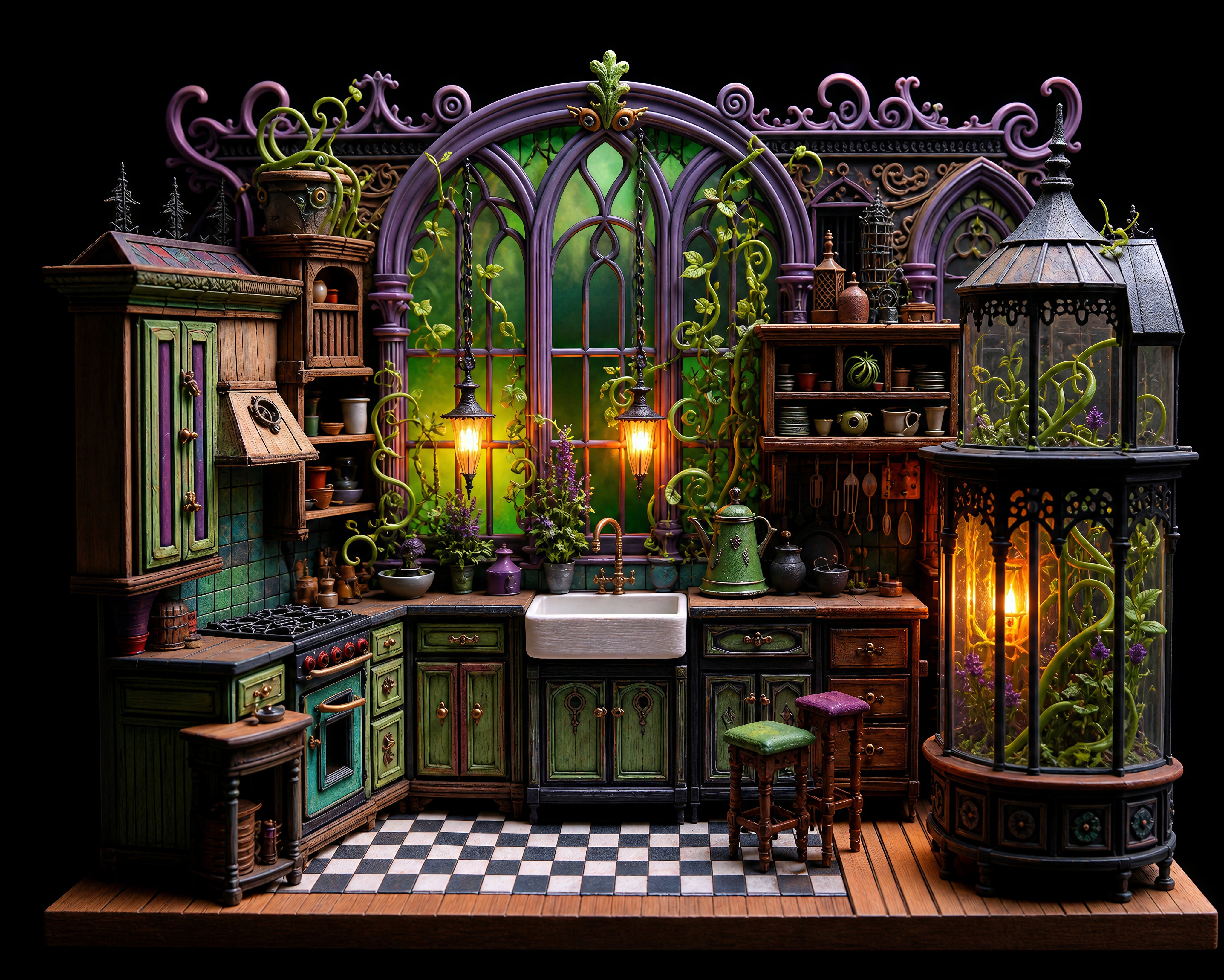 The Moonvine Scullery is open, the green window is glowing, and Keith the vine may already have your hat. Step inside this dark fantasy miniature kitchen inspired by Tim Burton's crooked gothic charm, purple tracery, and suspiciously dramatic houseplants. Follow the link in bio to read the full post. #smallworldminiatures #miniatureart #diorama #darkfantasy #dollhouseminiatures #Burtonesque #TimBurton