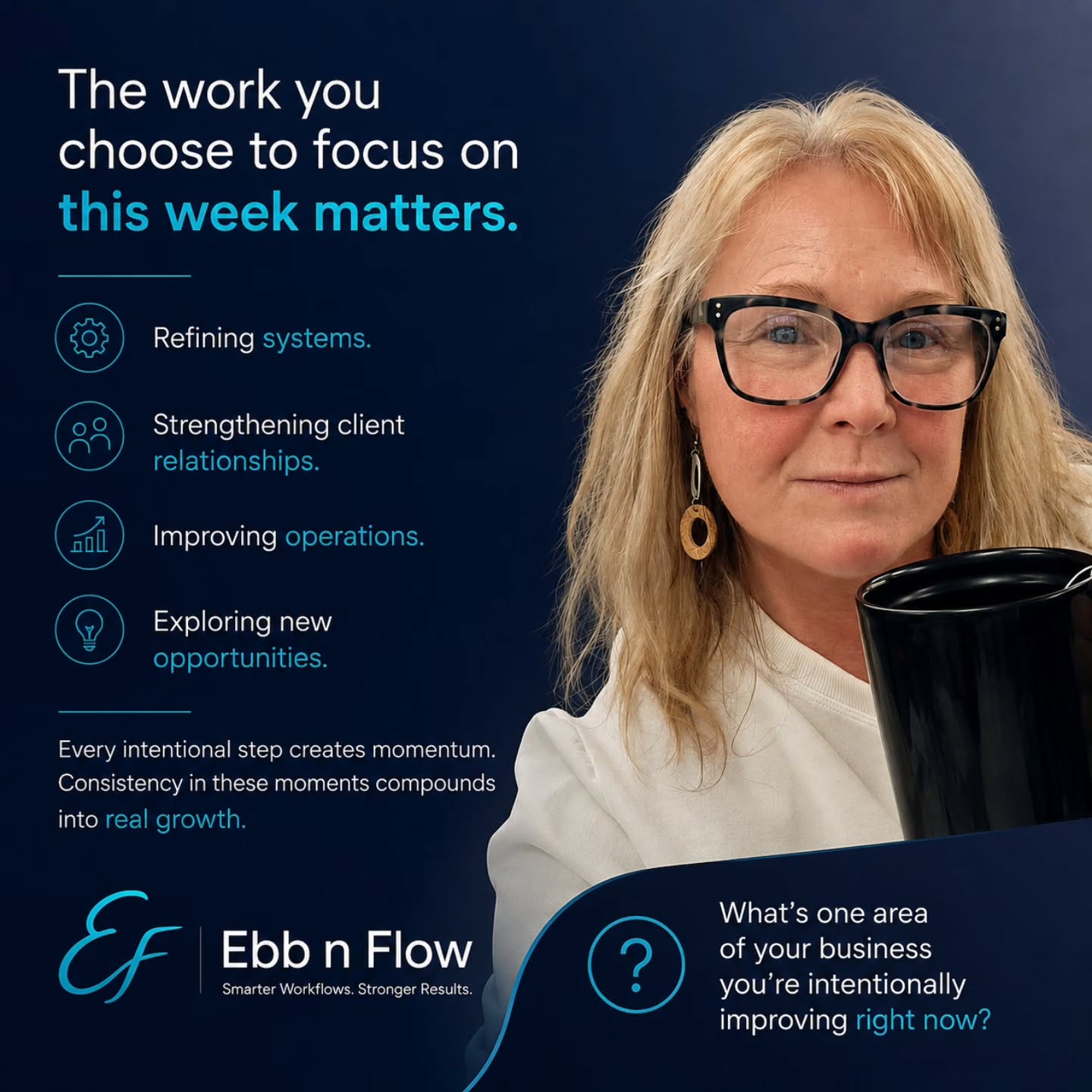 The work you choose to focus on this week matters.
Whether you’re refining systems, strengthening client relationships, improving operations, or exploring new opportunities — every intentional step creates momentum.
Business growth rarely comes from one massive breakthrough.
It’s built through consistent decisions, small improvements, and the willingness to keep showing up with purpose.
The businesses that grow sustainably are often the ones that stay committed to progress long before the results become visible.
What’s one area of your business you’re intentionally improving right now?
#BusinessGrowth #OperationalEfficiency #SmallBusinessSupport #Leadership #BusinessStrategy EbbnFlowConsulting ContinuousImprovement EntrepreneurMindset
