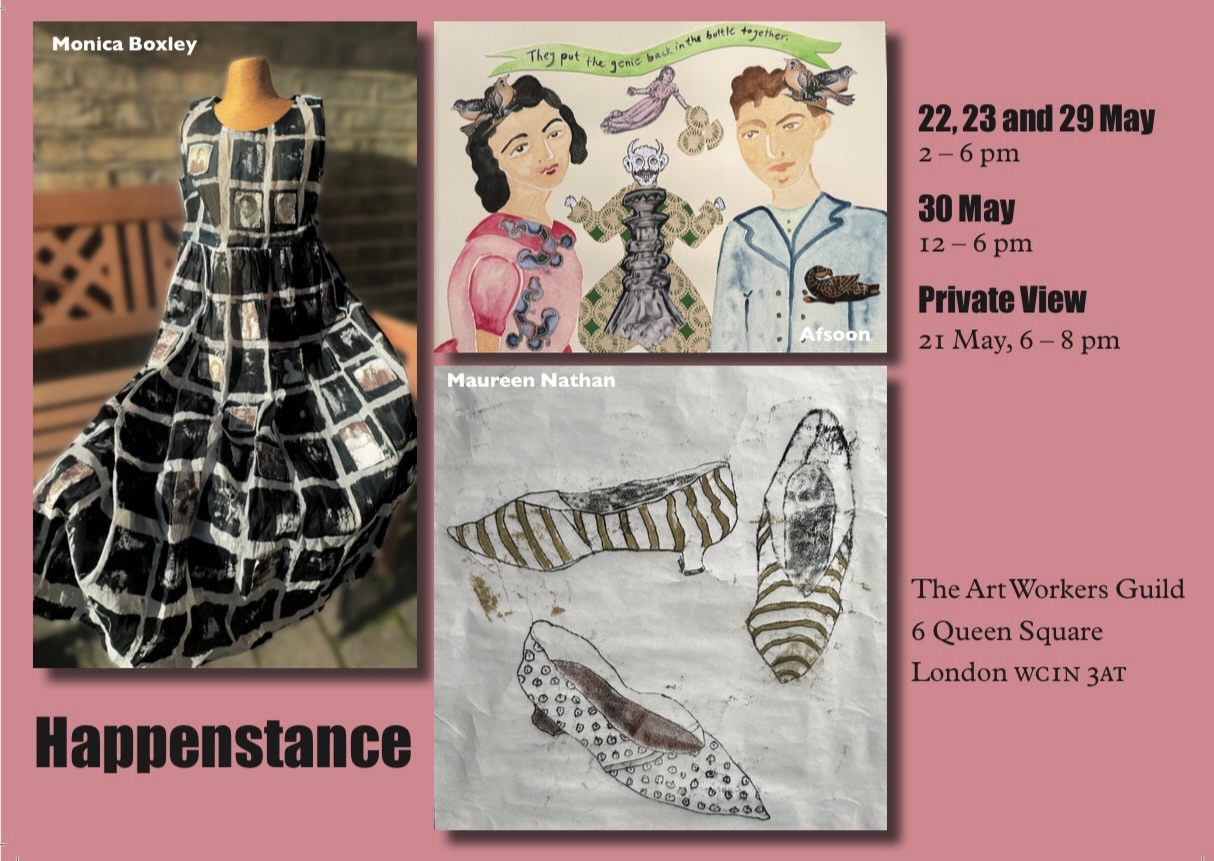 I’ve curated a show and would be happy to see you there @artworkersguild ! PV 21 May (soon!) Come and see the beautiful work made by @afsoonafsoonagain @monicaboxley_mixedmedia_art and myself. My papermade slippers are having their first outing, I’m excited! Artists in attendance on dates shown, show up till end June! #exhibition #happenstance #ceramics #paperart #printmaking
