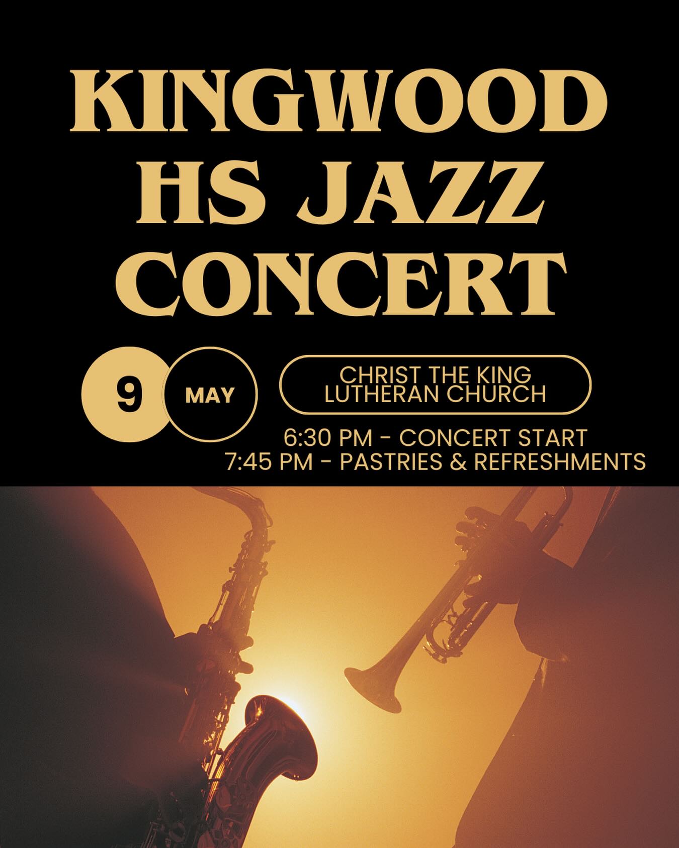 Join us this Saturday, May 9, for the Kingwood High School Jazz Concert at Christ the King Lutheran Church! Admission is free. Enjoy an evening of swing, samba, funk, Afro-Latin, and more under the direction of Hugh Poland, Juan Guardiola, and Tyler Morrison.