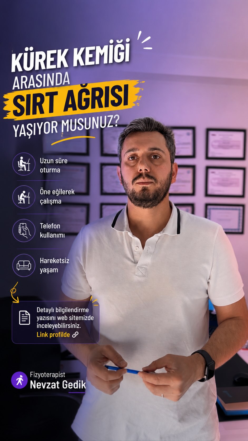 Kürek kemiği arasında hissedilen sırt ağrısı, günlük yaşam alışkanlıklarıyla ilişkili olabilir.
📌 Uzun süre oturma
📌 Öne eğilerek çalışma
📌 Telefon kullanımı
📌 Hareketsiz yaşam
Bu gibi faktörler sırt bölgesinde yüklenmeye neden olabilir.
Günlük hayatta küçük farkındalıklar oluşturmak, duruşu gözden geçirmek ve hareket alışkanlıklarını düzenlemek önemlidir.
👉 Konu ile ilgili detaylı bilgilendirme yazısını web sitemizde inceleyebilirsiniz.
🔗 Link profilde
⸻
ℹ️ Bu içerik genel bilgilendirme amacı taşır.
Her bireyin durumu farklıdır ve değerlendirme kişiye özel planlanmalıdır.
⸻
———
Fizyoterapist Nevzat Gedik
Özel Sağlık Meslek Hizmet Birimi
📍 Yenişehir / Mersin
📞 0534 983 17 79
🌐 www.fizyoterapistnevzatgedik.com
⸻
#sırtagrisi
#kürekkemiği
#duruşbozukluğu
#postür
#fizyoterapi
