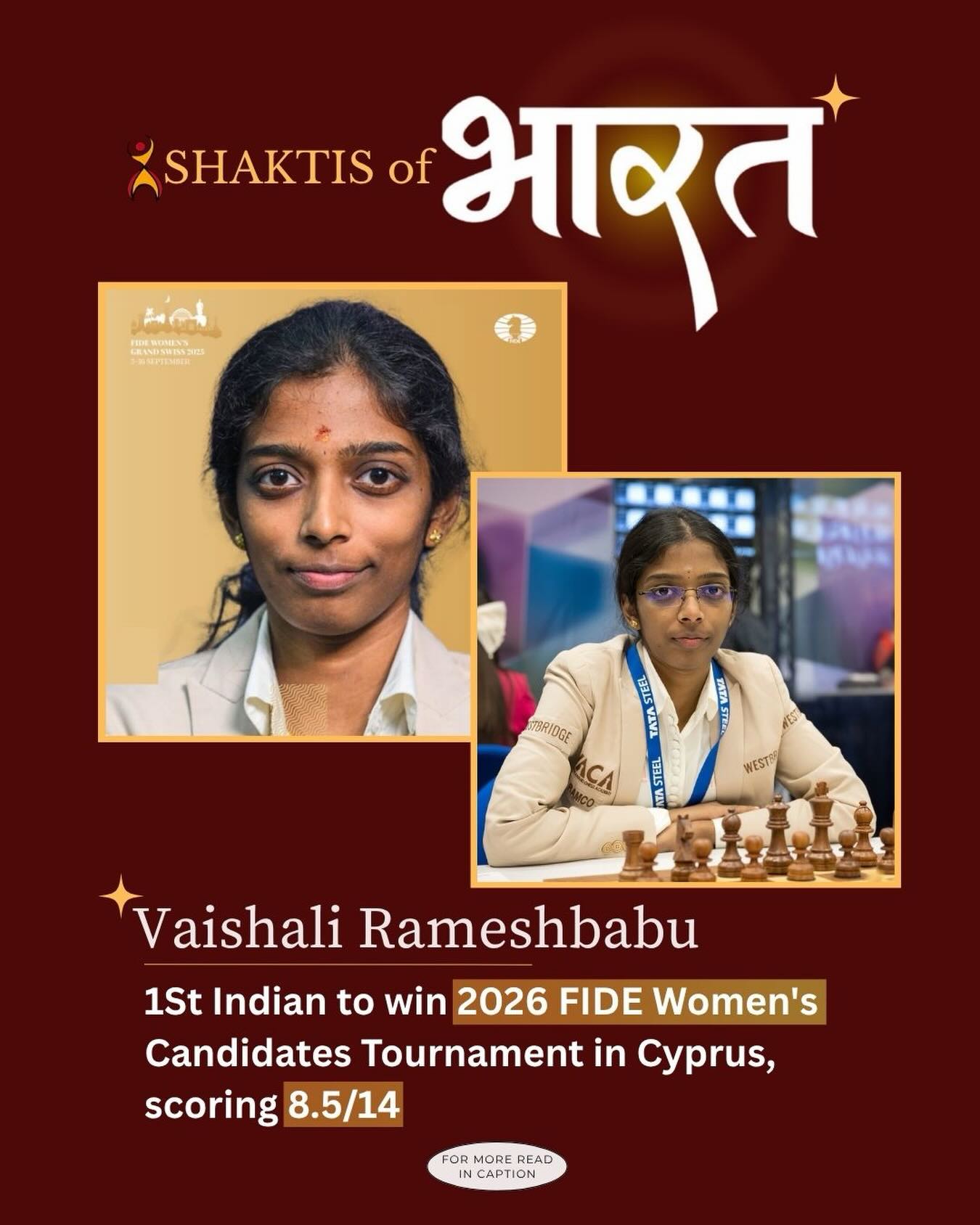 History made! 🇮🇳♟️
Vaishali Rameshbabu has scripted a new chapter in Indian sports by becoming the first Indian woman to win the FIDE Women’s Candidates! After a high-stakes final round victory, she’s officially earned her shot at the World Championship title. With both Vaishali and Gukesh chasing world titles, 2026 is officially the year of Indian chess dominance. The new era of Grandmasters is here! 🏆✨
#VaishaliRameshbabu #IndianChess #Candidates2026 #ChessWorldChampionship #makinghistory