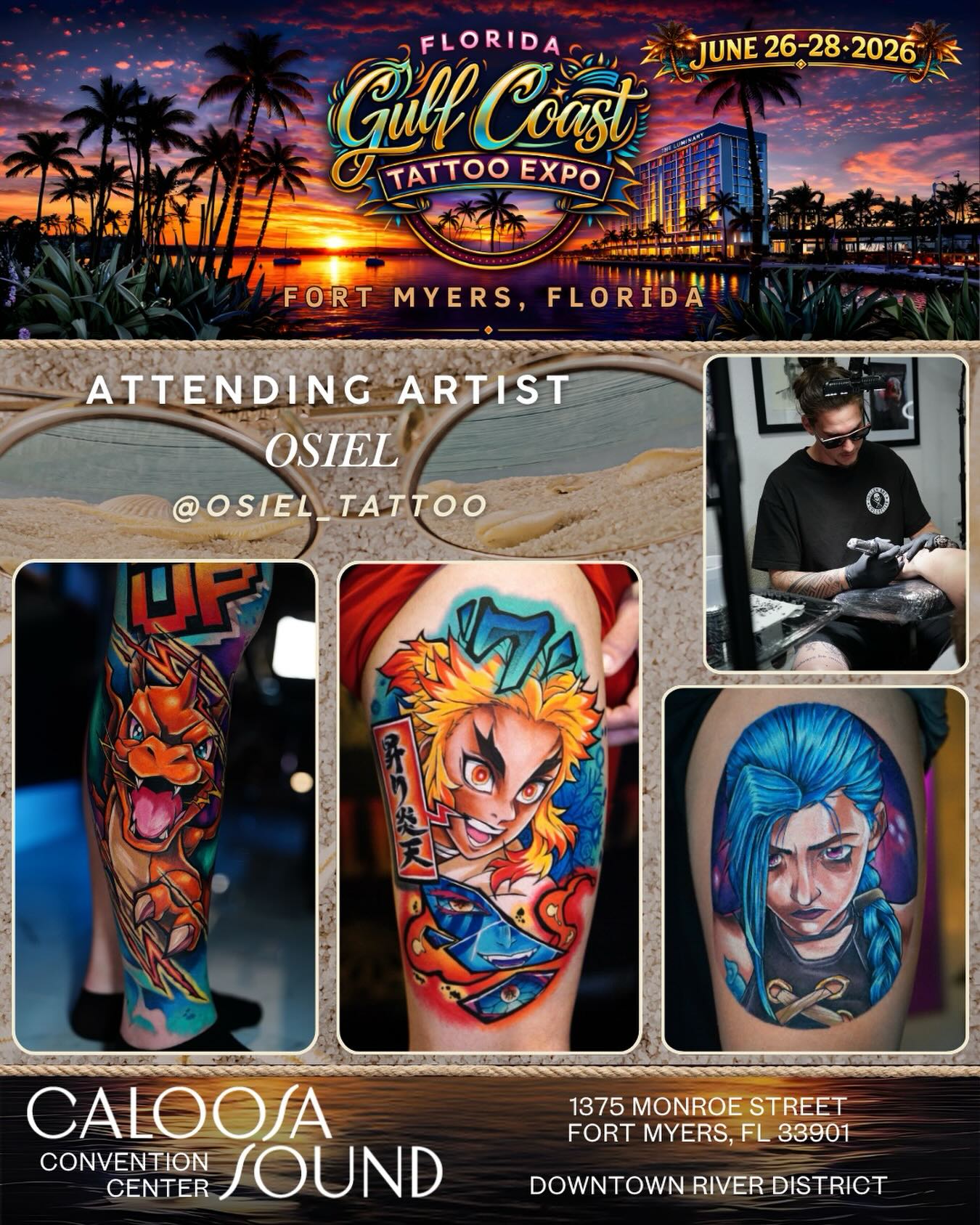 Please help us welcome @osiel_tattoo to the 2026 @floridagctattooexpo, to be held June 26-28 at the Caloosa Sound Convention Center in the Historic River District of Downtown Ft. Myers, Florida!
✉️ Please DM @osiel_tattoo for all inquiries about walk-ups and/or appts at the show!
🚨 Over 200 tattoo artists
🚨 Dozens of retail/art/merch & supply vendors
🚨 SWFL’s LARGEST TATTOO CONTEST… judged by Yallzee, Alwin Perez & TattooCasper
🚨 MC Joey Tattoo
🚨 Live music by Smack Daddy: and
🚨 Live sculpting and horror play by the famous Wayne Anderson Designs and his SWFL Haunted Attraction: Legends of Oblivion (hauntedswfl on IG)
🚨 Amazing Food & Libations
🏆🏆 We separate healed and fresh tattoo contests at this show! Healed categories are open!!! Like your piece? Enter it. Artists not tattooing at the show? Cool - send or bring your client!
Kids 12 and under are free, however parental discretion is advised due to language, risqué shows, and possible nudity.
🎟️ Tickets can be purchased on our website. Link in the bio.
⏰Hours: 11am-11pm Friday & Saturday 11am-7pm Sunday
🏨Also, if you would like to Stay & Play for a night or two, the Luminary has extended us an even better group rate starting at $189/night, which is a steal for this normally $350-$600 per night hotel! Reservations can only be made on our website www.floridagctattooexpo.com/hotel
#floridagctattooexpo #swfl #fortmyers #capecoral #tattooed
