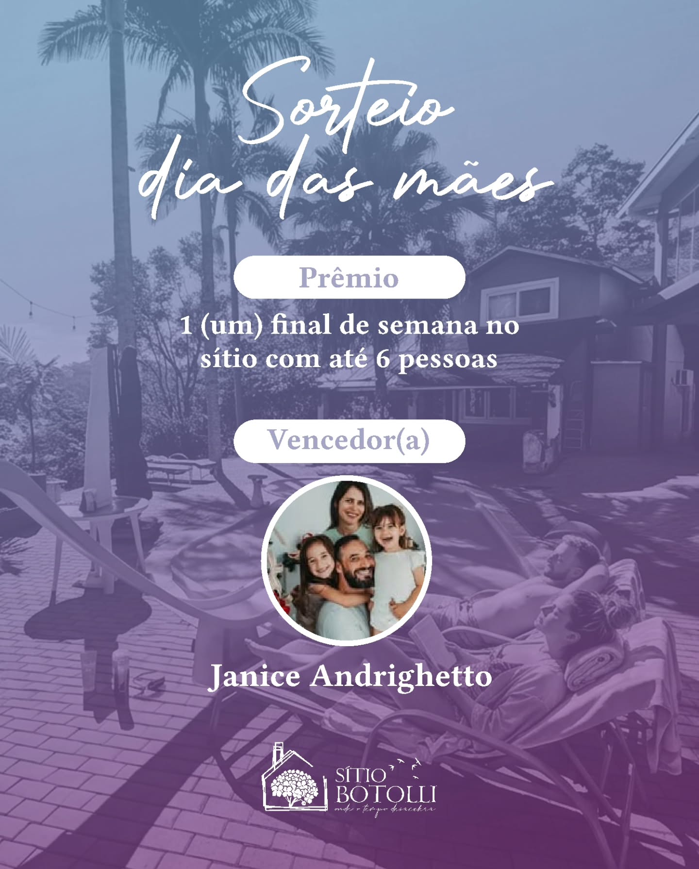 RESULTADO OFICIAL DO SORTEIO 🎉
Recebemos muitos participantes nessa ação e, por isso, realizamos uma conferência completa das regras antes da validação final.
Escolhemos 1 vencedor e 5 suplentes, pois alguns perfis sorteados durante os testes não estavam seguindo corretamente todas as regras da campanha.
No sorteio oficial, o perfil vencedor estava seguindo corretamente o perfil do sítio e também os 3 perfis indicados nas regras, garantindo a validação do prêmio ✅
O sorteio foi realizado através do aplicativo Giveaway Picker.
Parabéns ao vencedor(a) @janiceandrighetto e obrigado a todos que participaram ❤️