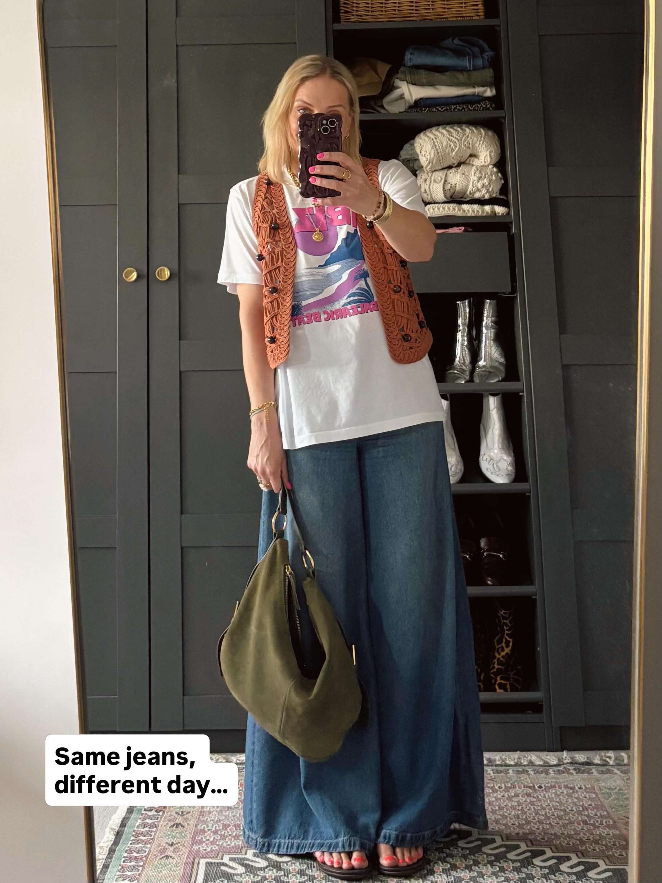 Same jeans, different day. Wearing the M&S palazzos a lot again lately but I love them. I was taking to my daughter about jeans at the weekend and how they can be troublesome when finding a pair that fit well. We have so many styles to choose from now though which makes it easier. Or does it? Do you find jean shopping easy?
Jeans: @marksandspencerstyle (2 yrs)
T-shirt: previous PR gift @diskokids (current)
Bobble waistcoat: @zara (1 yr)
Style - personal style - personal stylist - women’s style - styling - style inspo - personal styling - casual outfits - everyday outfits - fashion - easy styling - rewear - restyle - wardrobe edits - reimagined - preloved