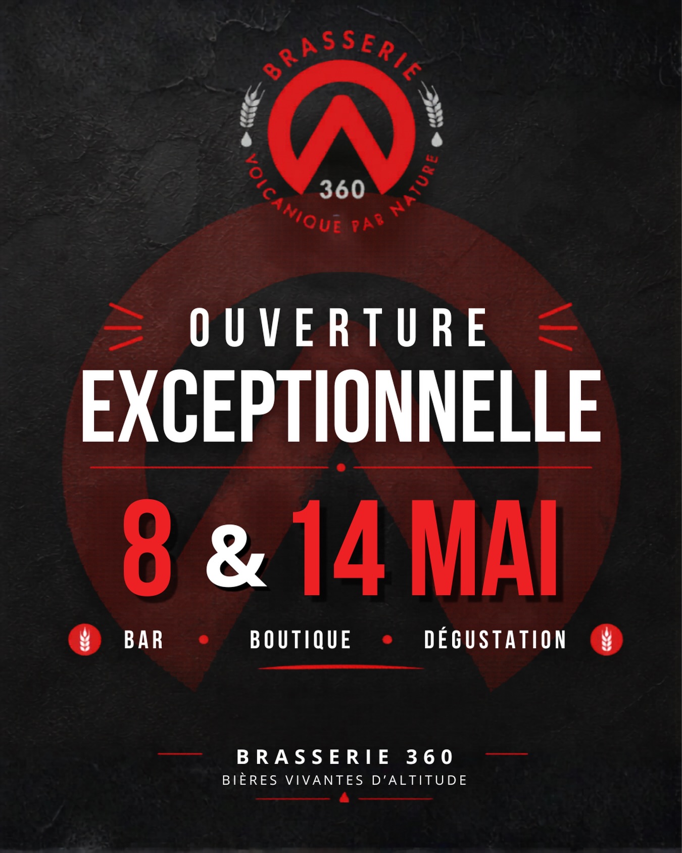 Ouverture exceptionnelle les 8 et 14 mai !
Brasserie 360 vous accueille avec un bar, une boutique et des dégustations uniques.
Alors rdv à 1000 mètres d’altitude pour une dégustation à 360degres!
À très bientôt !
#brasserie360 #ouverture