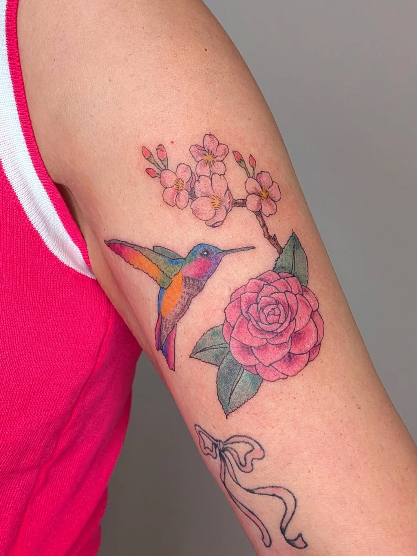 Glady requested a custom colorful hummingbird, a cherry blossom branch, and camellia flower 🩷 I LOVED tattooing this design, so fun! I didn't do the bow, but it looks perfect here, right?
The cherry blossoms were created from photos I took at @brooklynbotanic 🌸 I use my own references whenever possible (and I NEVER use AI "photos" for reference!) More florals and botanical collages please 😍
Booking NYC through July ✨ Check out my "available" highlight for pre-drawn designs or dream up your own custom idea, then fill out my form to book 🩷 I can't wait to meet you!