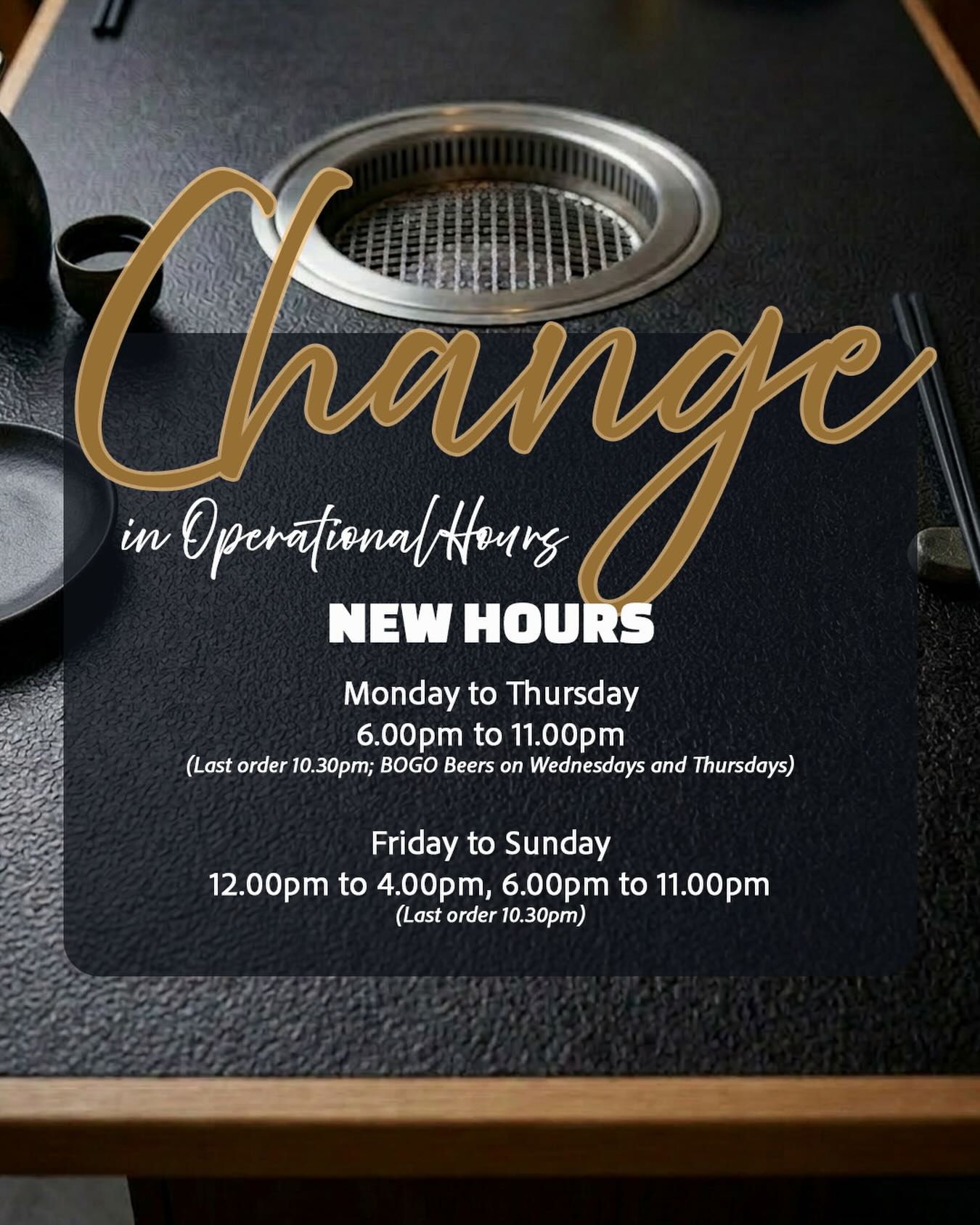 As part of Shin Mura’s evolution into our next chapter, there will be some changes to our operating hours moving forward.
⏰ Mon–Thu
Dinner only | 6PM–11PM
⏰ Fri–Sun
Lunch | 12PM–4PM
Dinner | 6PM–11PM
🍺 Happy Hour Wednesdays & Thursdays
1-for-1 beers all night long.
More late-night grills, drinks, and conversations ahead. 🔥
