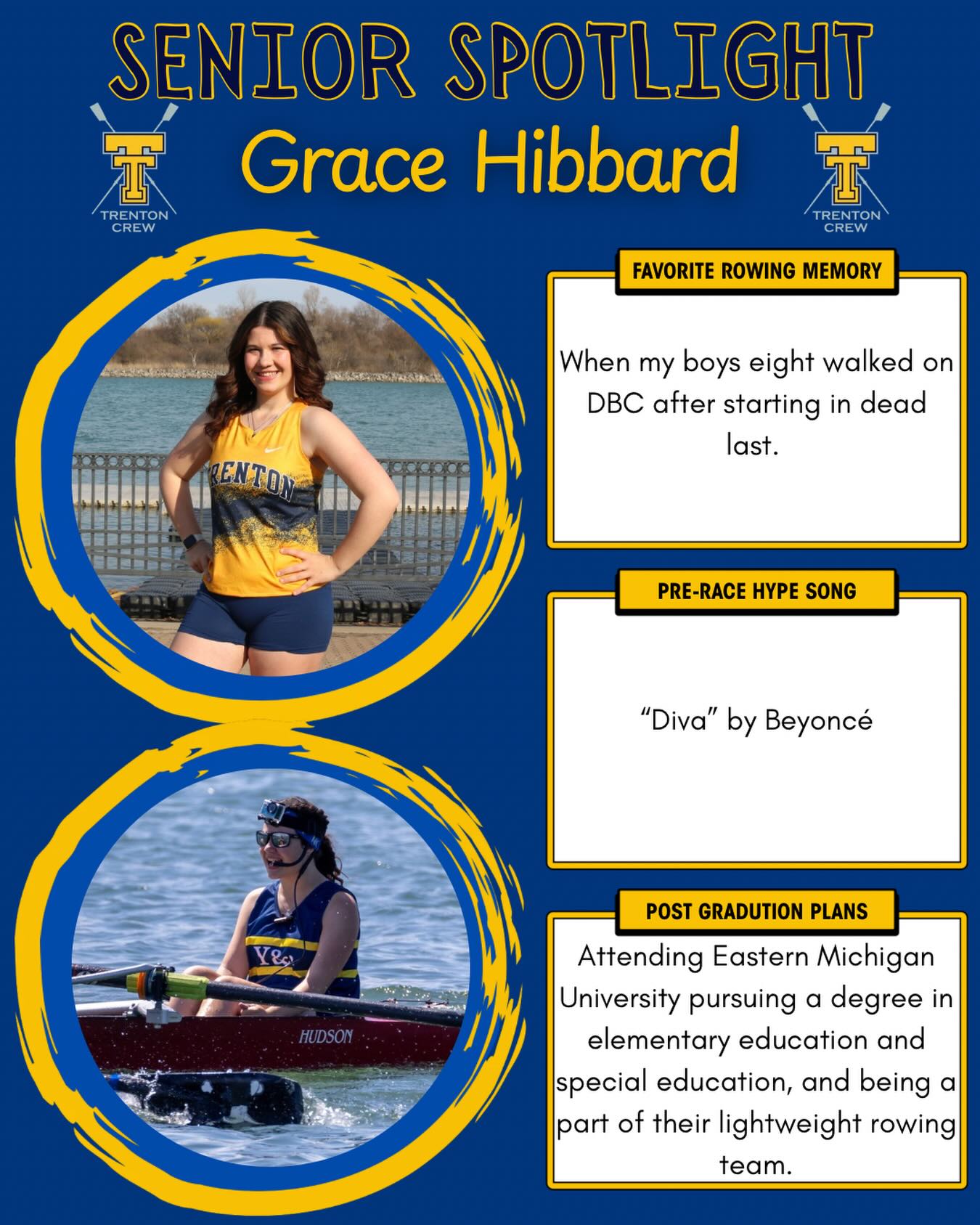 Senior Spotlight! ✨🚣🏻♀️ Grace Hibbard is a two year senior coxswain who has been a great leader of the boys crew. Her passion for the sport has been a key part of her success. She is going to further her coxswain career with the Eastern Michigan University lightweight women’s program.