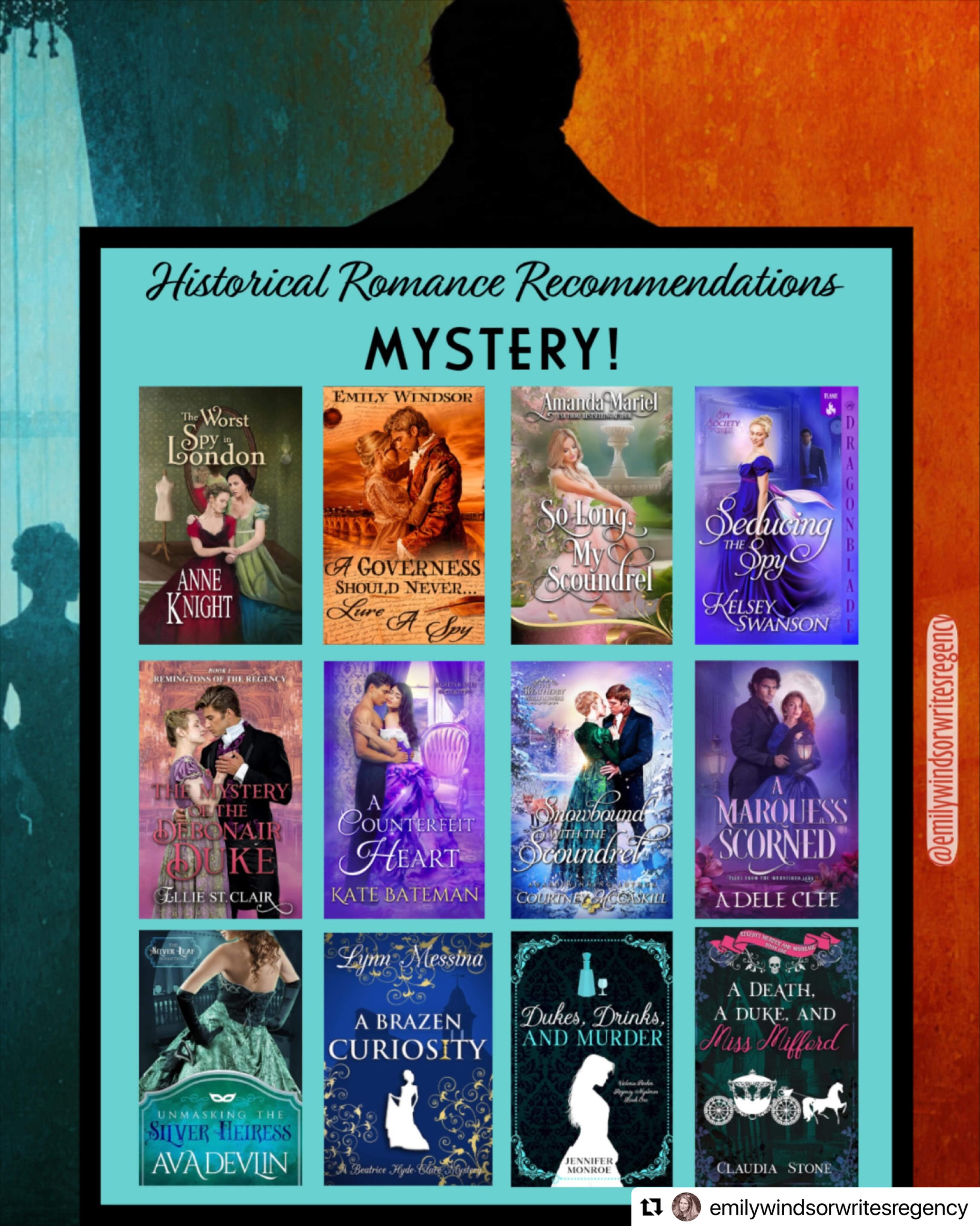 #Repost @emilywindsorwritesregency
・・・
Love your historical romance with a side of mystery???
Then catch these lovelies.
#regencyromance #historicalromancestagram #historicalmystery #romancebooklover histrom