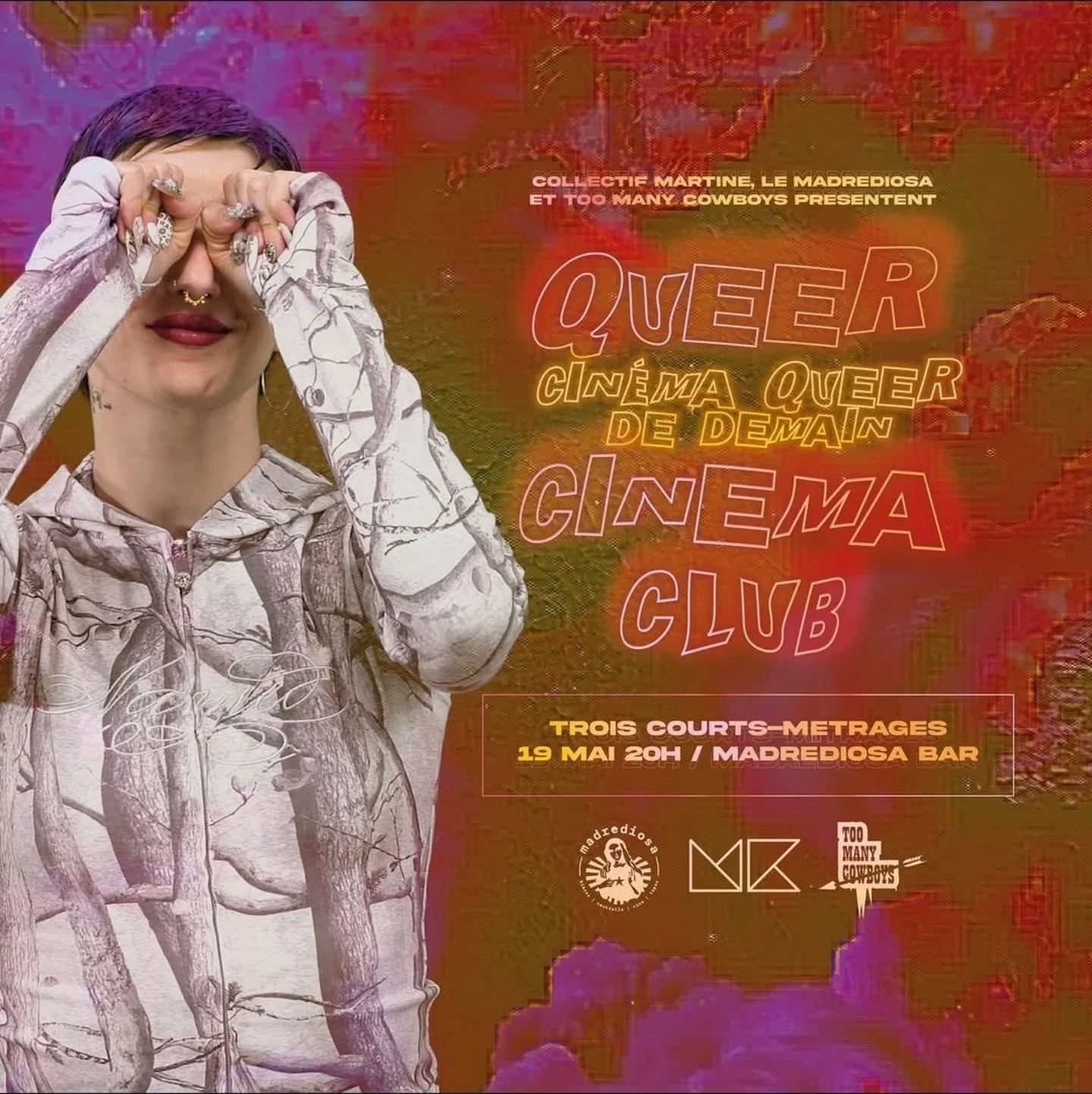 Collectif MartinE, le MADREDIOSA, Too Many Cow Boy vous présente la prochaine séance du Queer Cinéma Club le mardi 19 mai à 20h.
3 courts métrages inédits(ou presque), intimes et expérimentaux. Trois fables Queer ultra moderne, immanquable, surprenante.
La projection sera suivie d’un discussion avec les équipes de films.
⛵️LA VEUVE DU MARIN🖤
De Thimotée Schaller
🚧🏗 PENDANT LES TRAVAUX VOS COMMERCES RESTENT OUVERTS 🏳️⚧️
De Mordred Guadagno
🖼 @anglecry999. 🎥
De Pétronille Malet