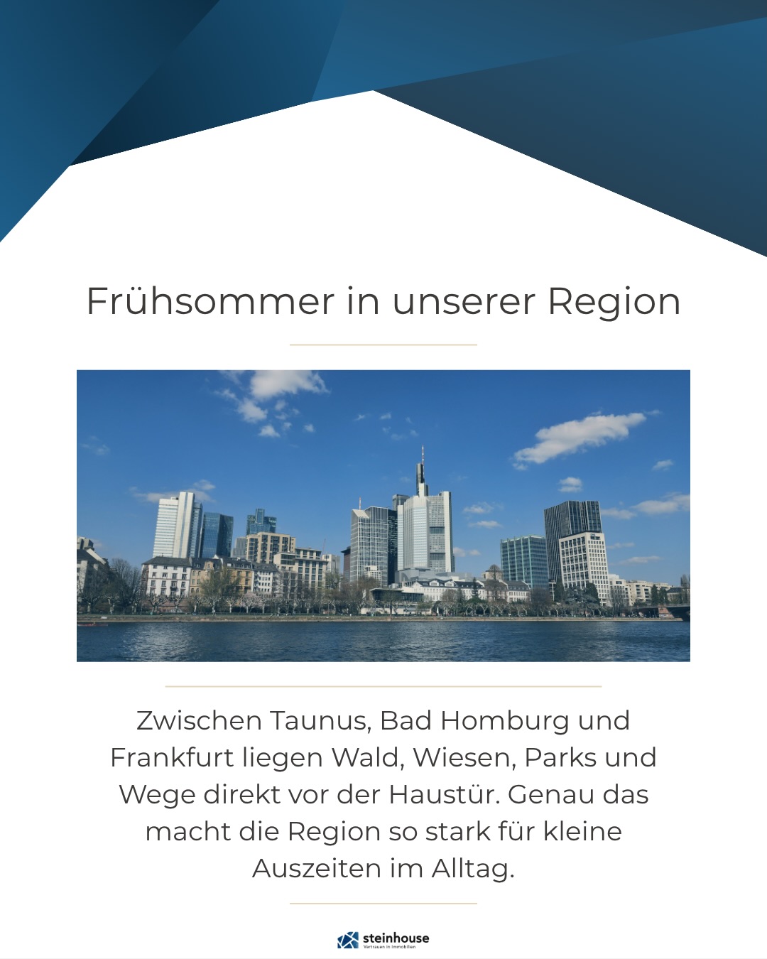 Der Frühling ist da – und mit ihm erwacht auch unsere Region zu neuem Leben. 🌱☀️
Die ersten Sonnenstrahlen locken nach draußen, Plätze füllen sich, Spazierwege werden belebt und das Lebensgefühl kehrt zurück.
Genau das macht unsere Region so besonders: Lebensqualität, Natur, Gemeinschaft und vielfältige Möglichkeiten direkt vor der Haustür. In unserem heutigen Beitrag zeigen wir euch, was unsere Region so attraktiv macht – für alle, die hier leben oder es vielleicht bald möchten.
Jetzt ist die perfekte Zeit, die Vorzüge unserer Umgebung neu zu entdecken. 🏡
#frühling #taunus #makler #badhomburg | steinhouseimmobilien