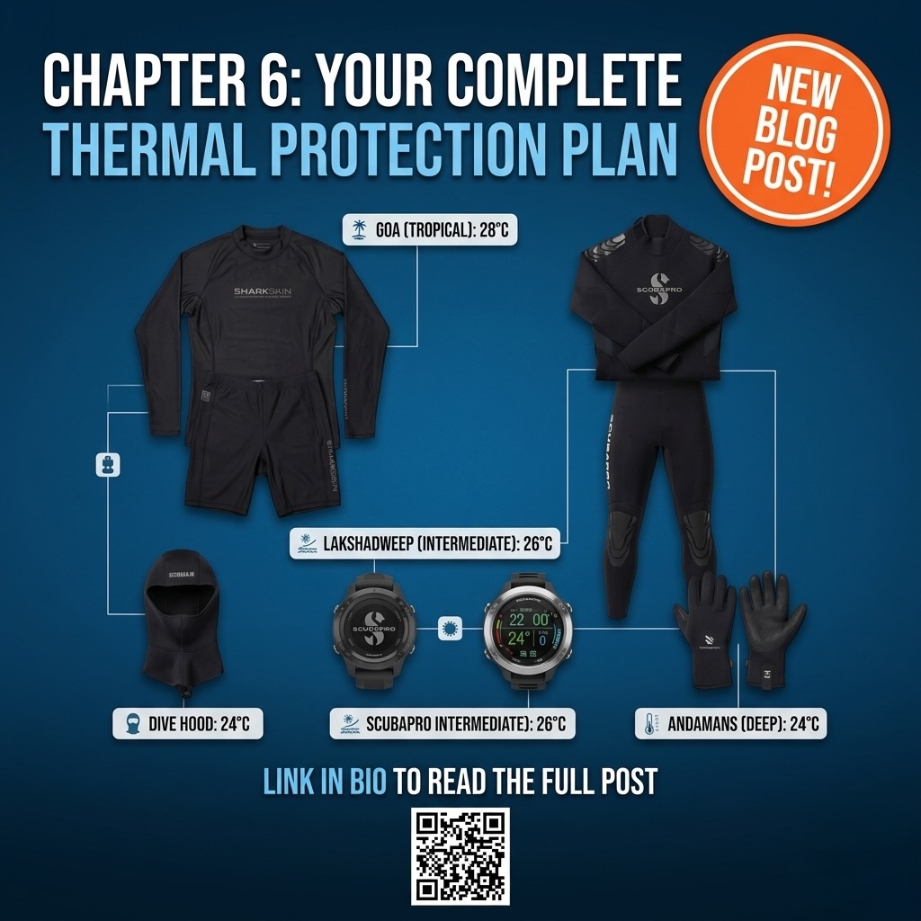 Ready to optimize your comfort and safety underwater? Dive into Chapter 6 of our complete guide on diving thermal protection in India!
Putting it all together, we provide real-world setups tailored for Indian conditions - from Goa’s tropical waters to the deep dives of the Andamans. Learn how to build a personalized, modular thermal system that works for you, ensuring you stay warm, focused, and safe on every dive.
We cover everything from choosing the right wetsuit and layering with advanced gear like Sharkskin to understanding how to account for your personal profile and the specific environmental factors of the dive site. Don’t let the cold cut your dives short! Check out our practical decision-making framework and build your ultimate thermal plan.
#DiveWarm #ScubaSafety #IndiaDiving #ThermalProtection #DiveGearTips
